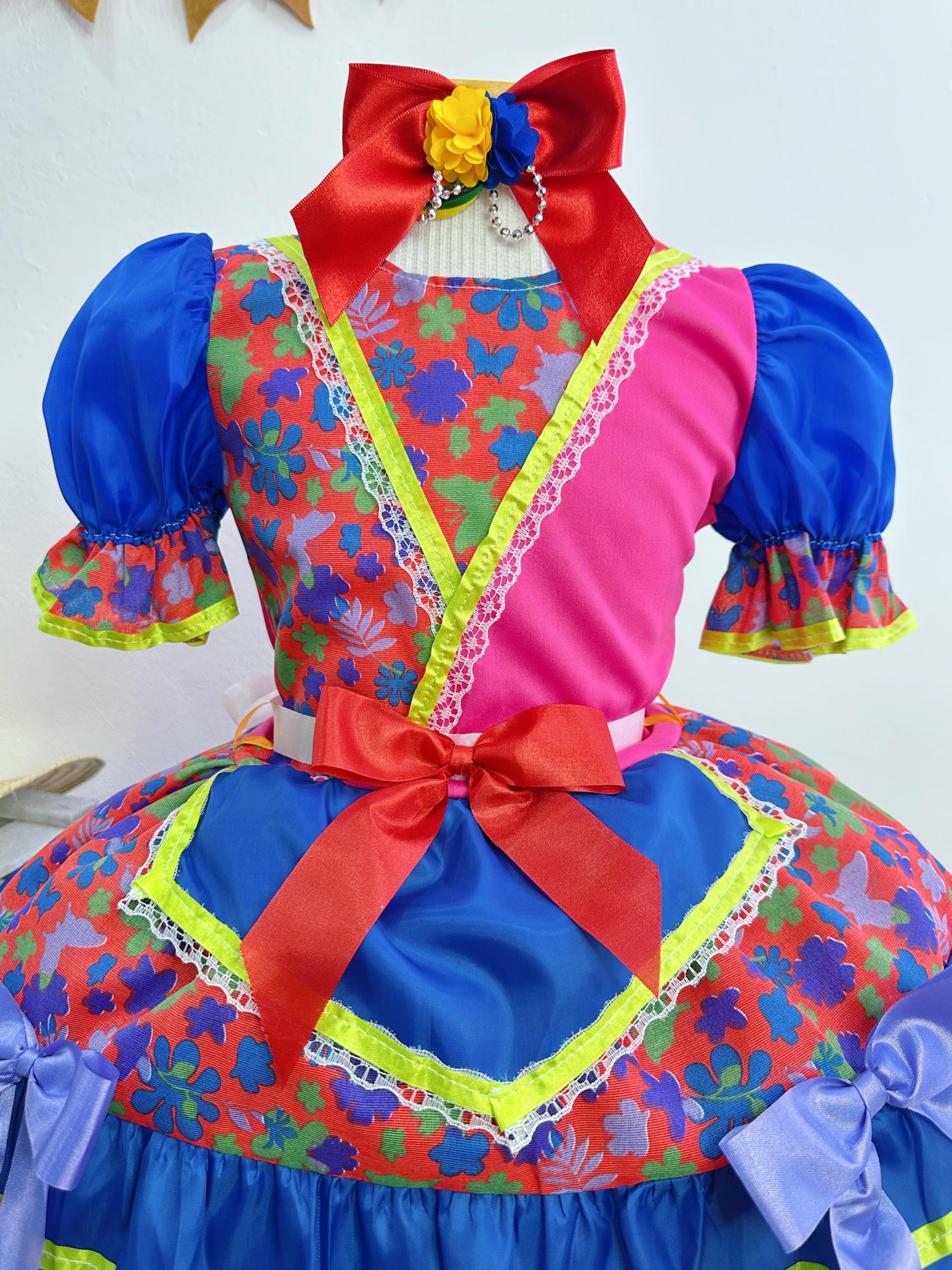 Vestido Infantil Junino Vermelho e Rosa Com Flores Coloridas