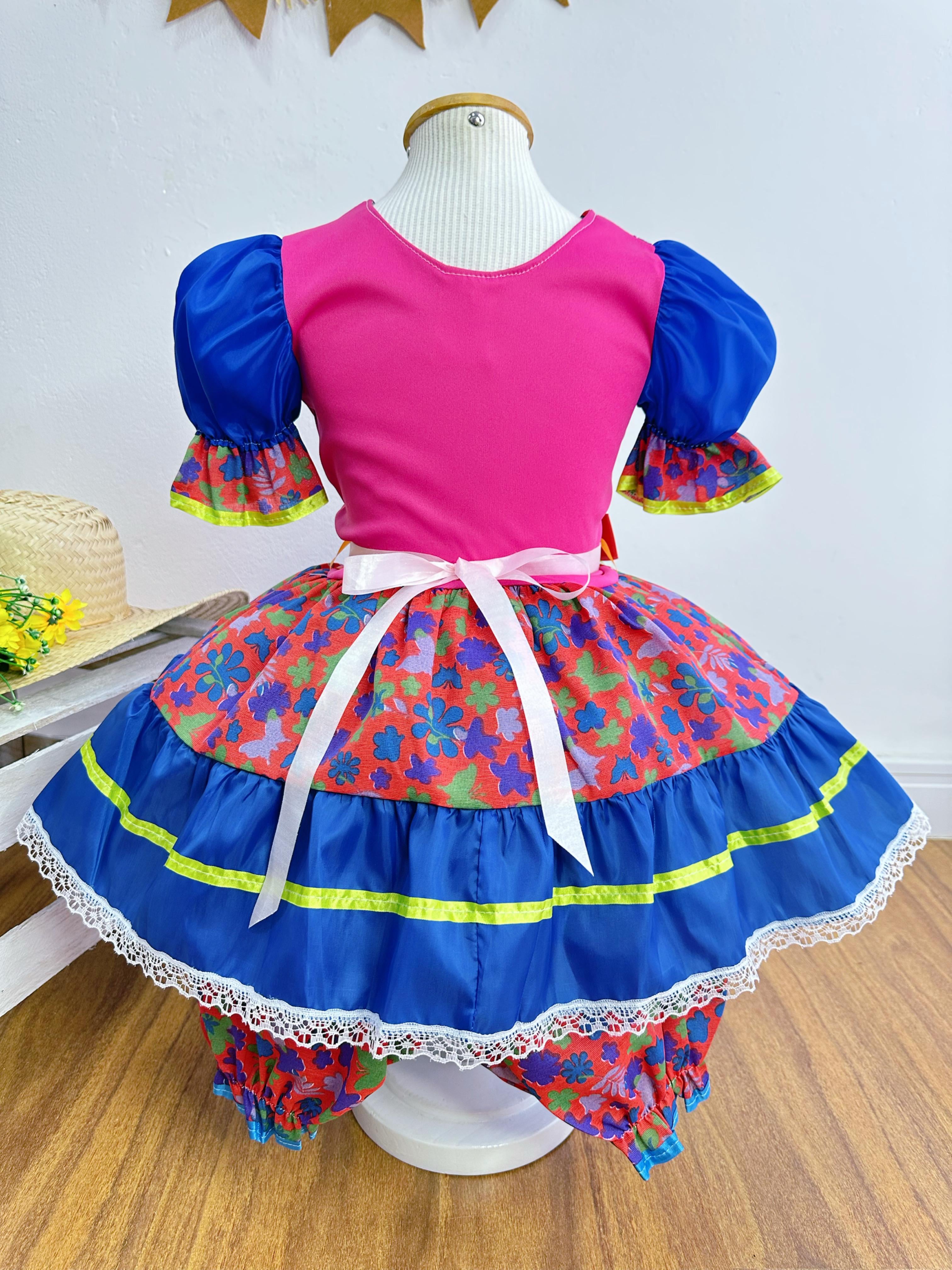 Vestido Infantil Junino Vermelho e Rosa Com Flores Coloridas