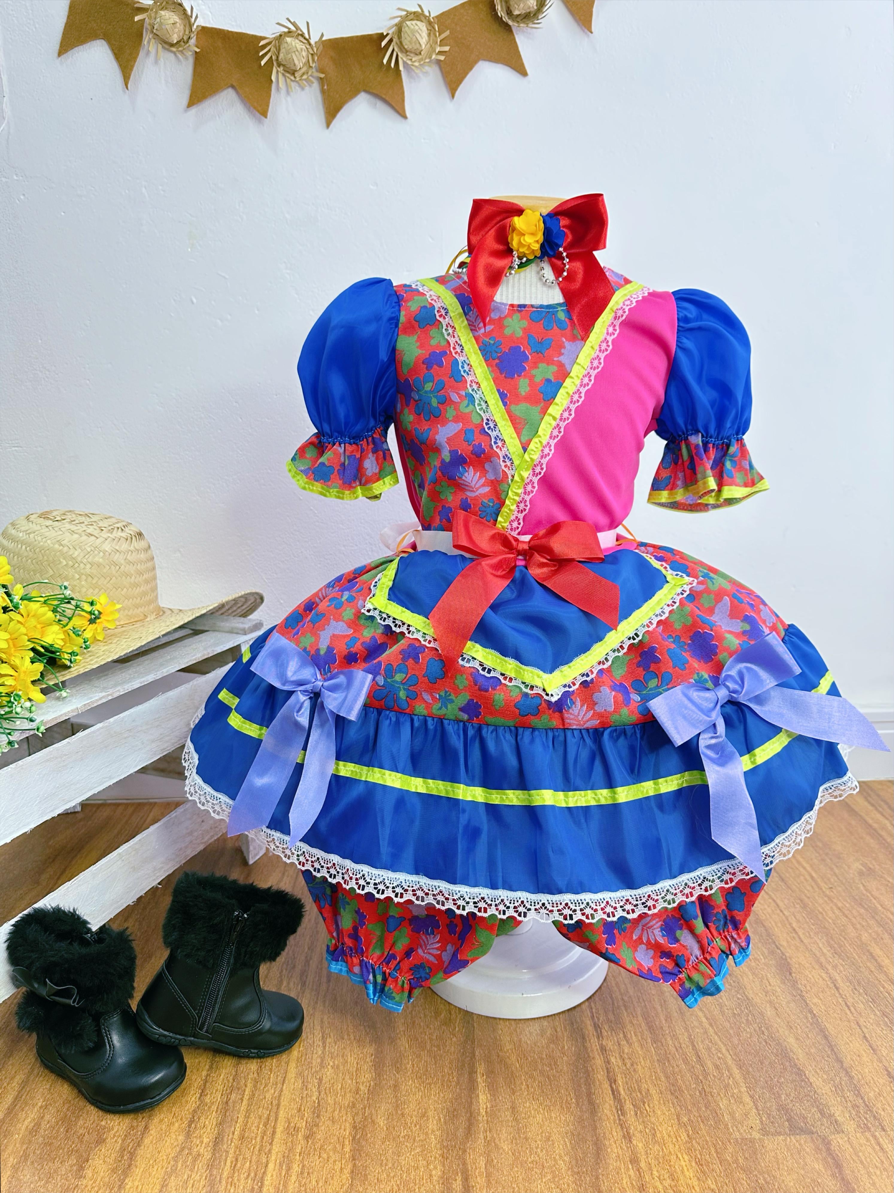 Vestido Infantil Junino Vermelho e Rosa Com Flores Coloridas