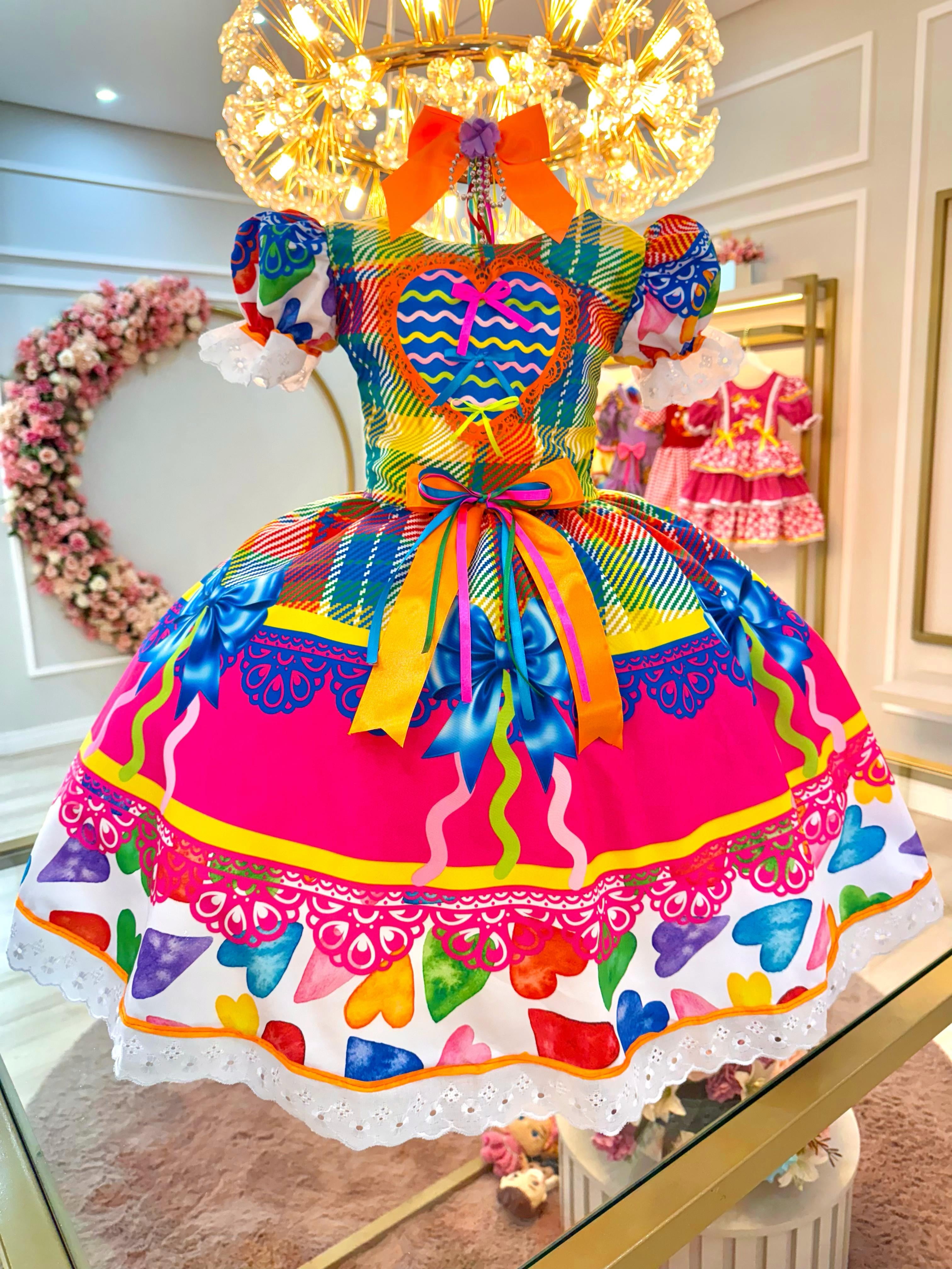 Vestido Infantil Junino Xadrez Colorido Super Luxo