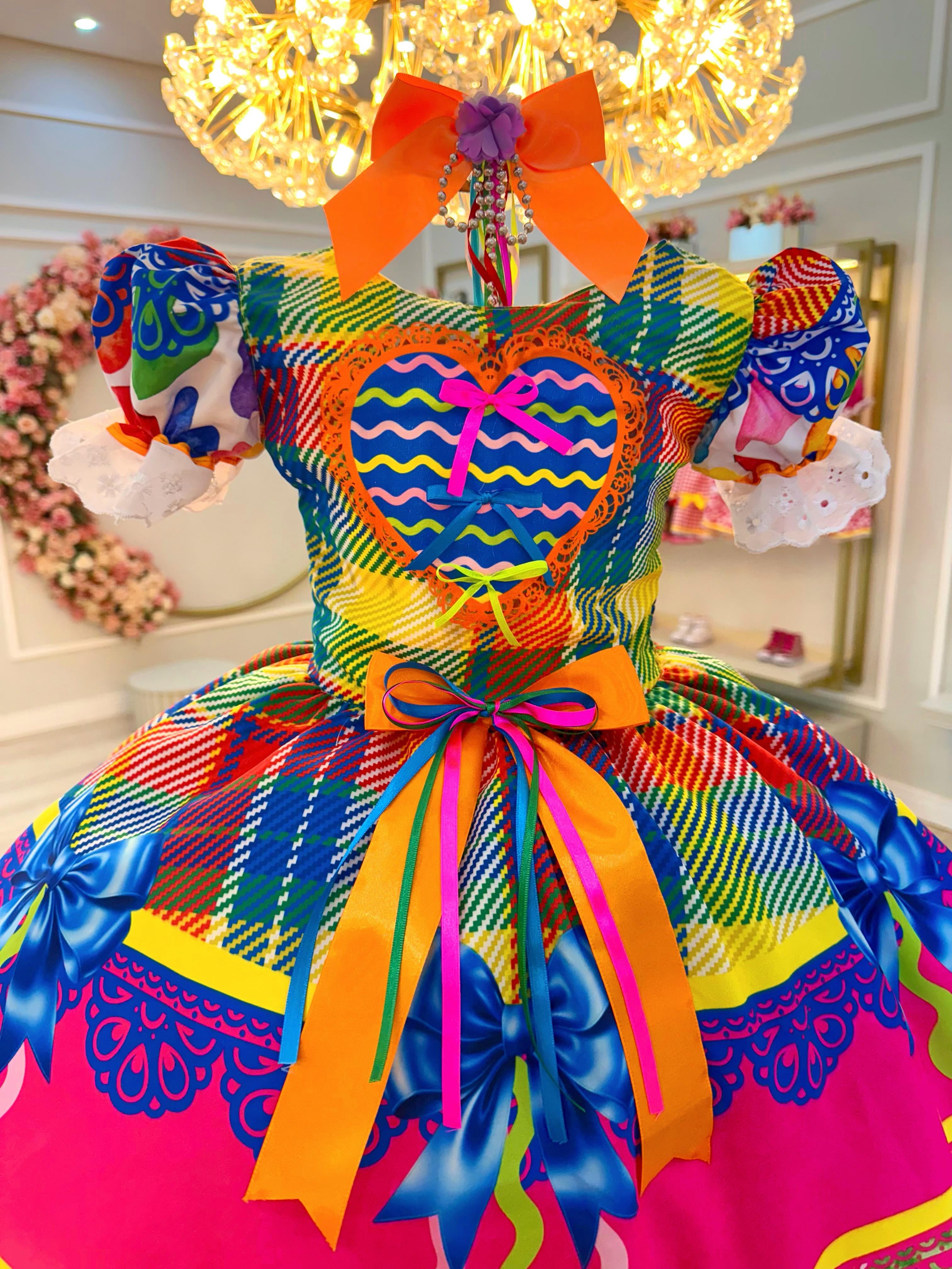 Vestido Infantil Junino Xadrez Colorido Super Luxo