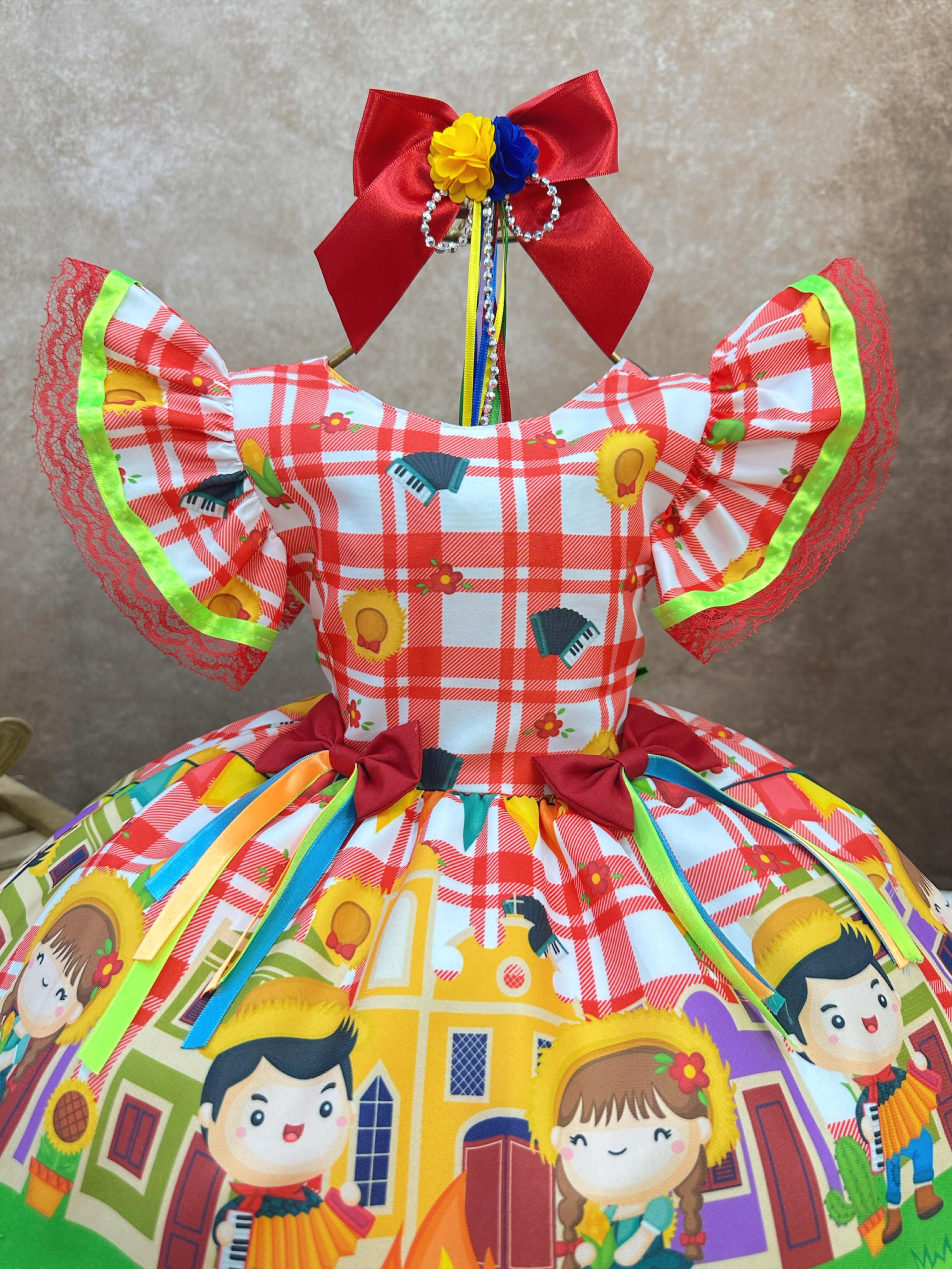 Vestido Infantil Junino Xadrez Vermelho Festa de São João