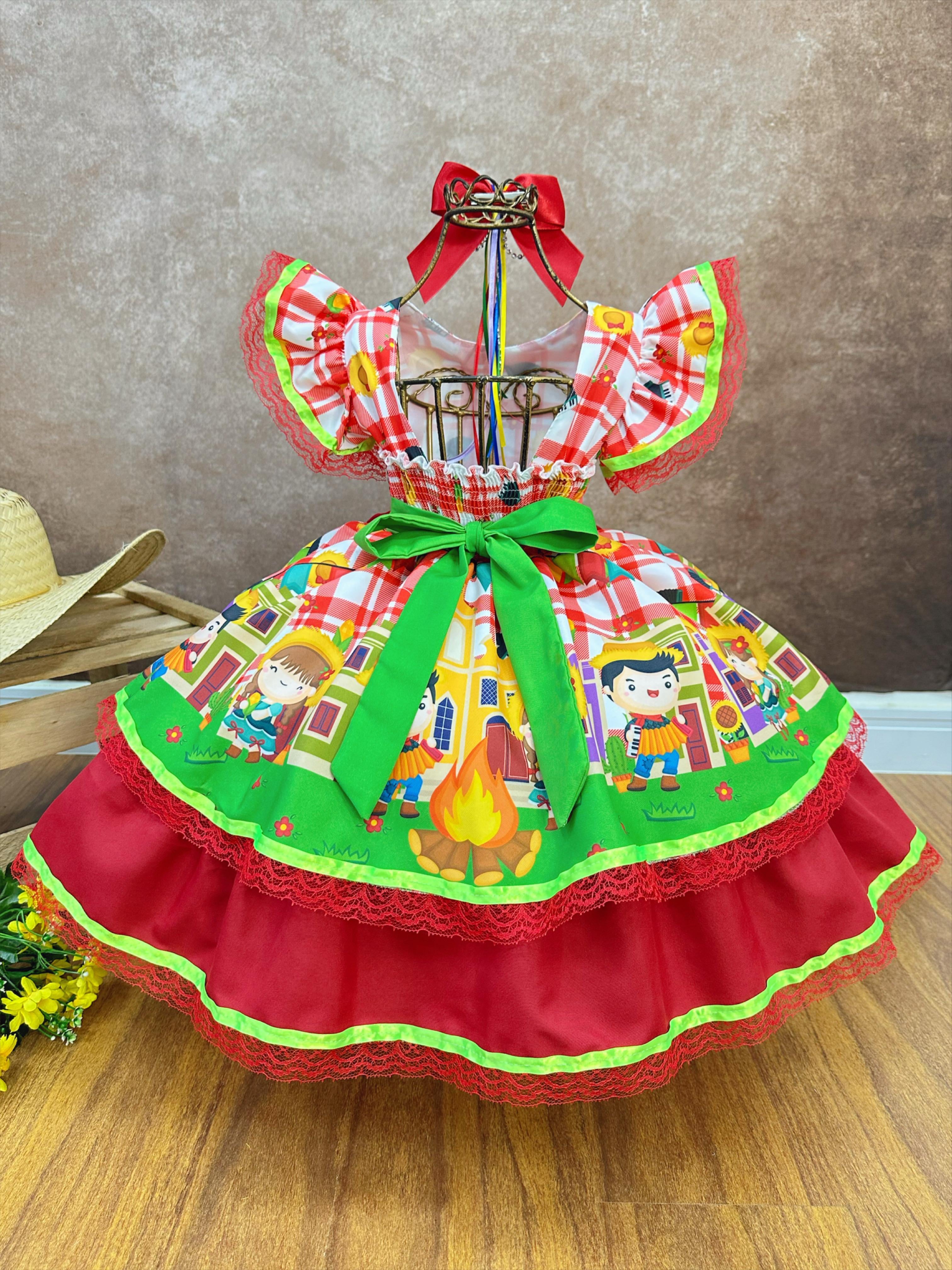 Vestido Infantil Junino Xadrez Vermelho Festa de São João