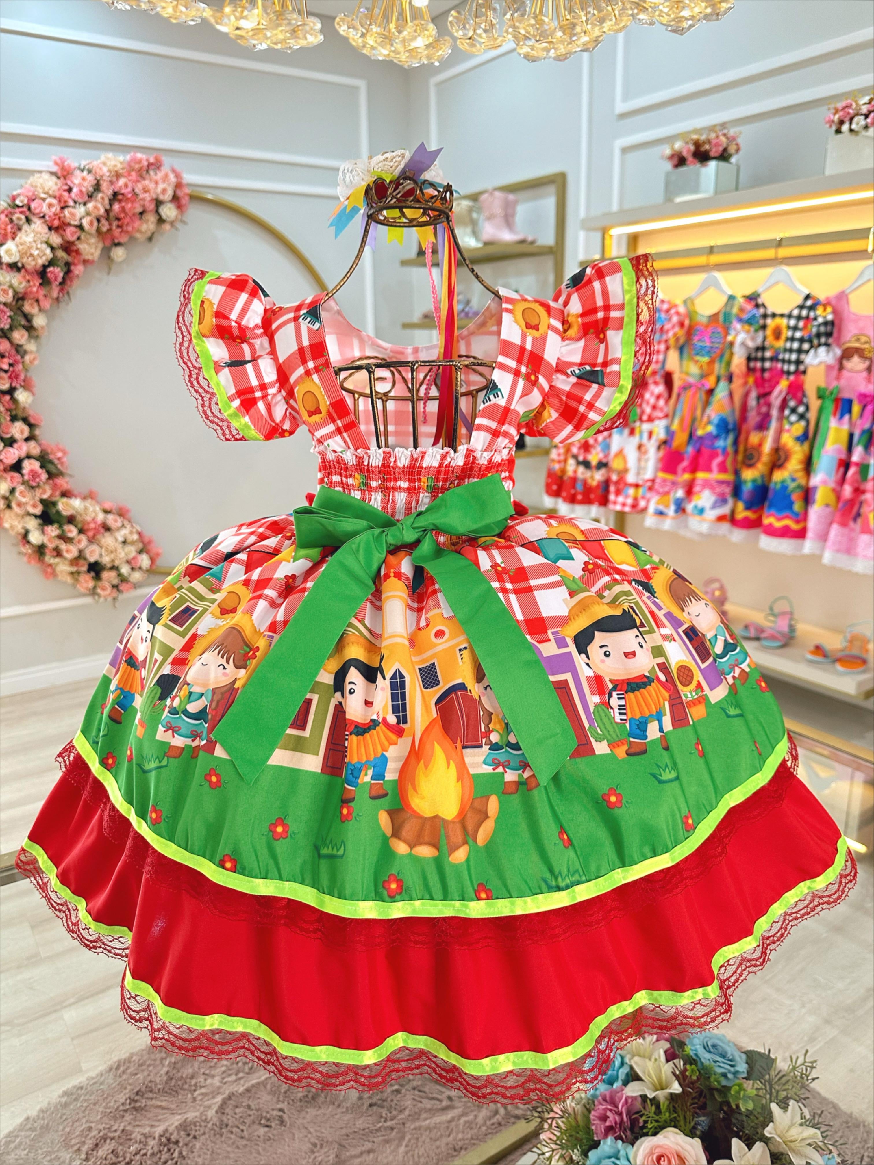 Vestido Infantil Junino Xadrez Vermelho Festa de São João