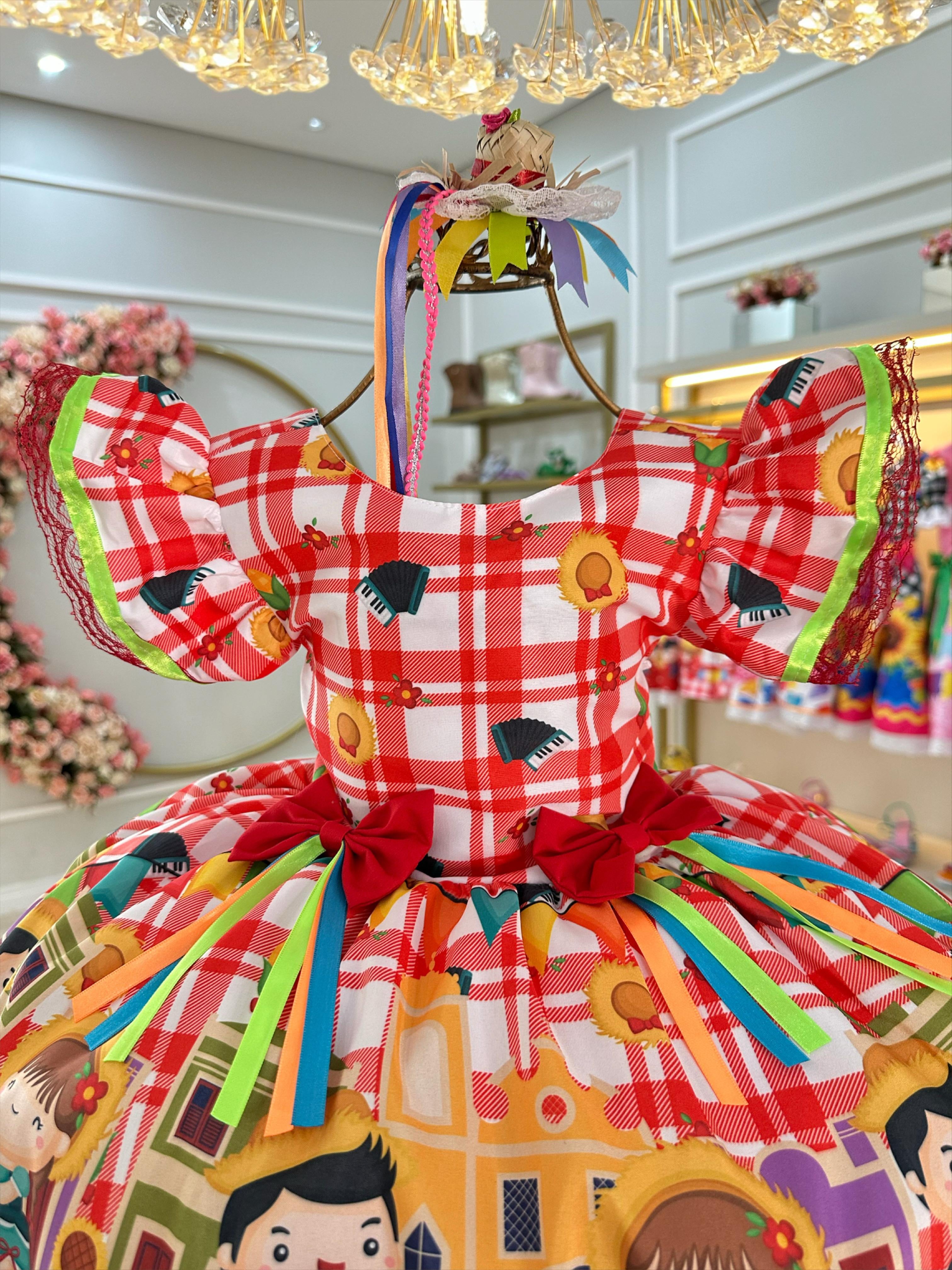 Vestido Infantil Junino Xadrez Vermelho Festa de São João