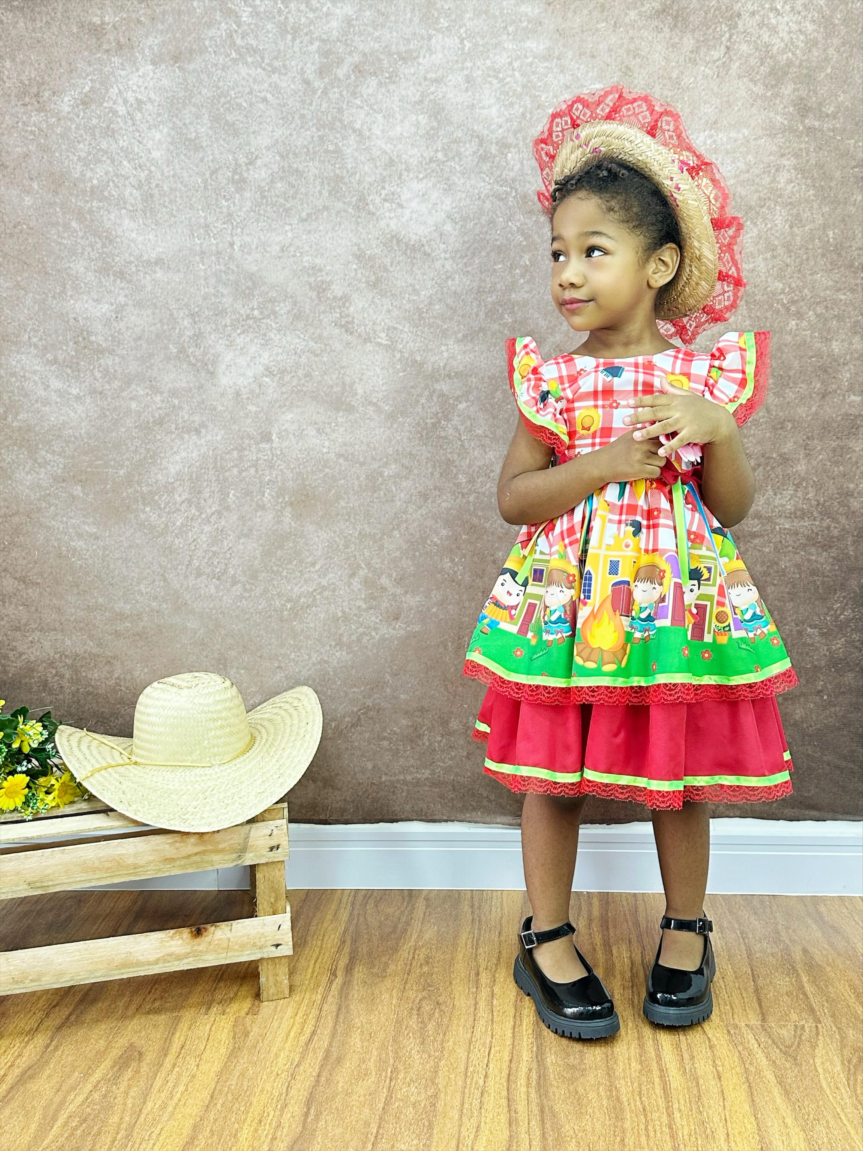 Vestido Infantil Junino Xadrez Vermelho Festa de São João