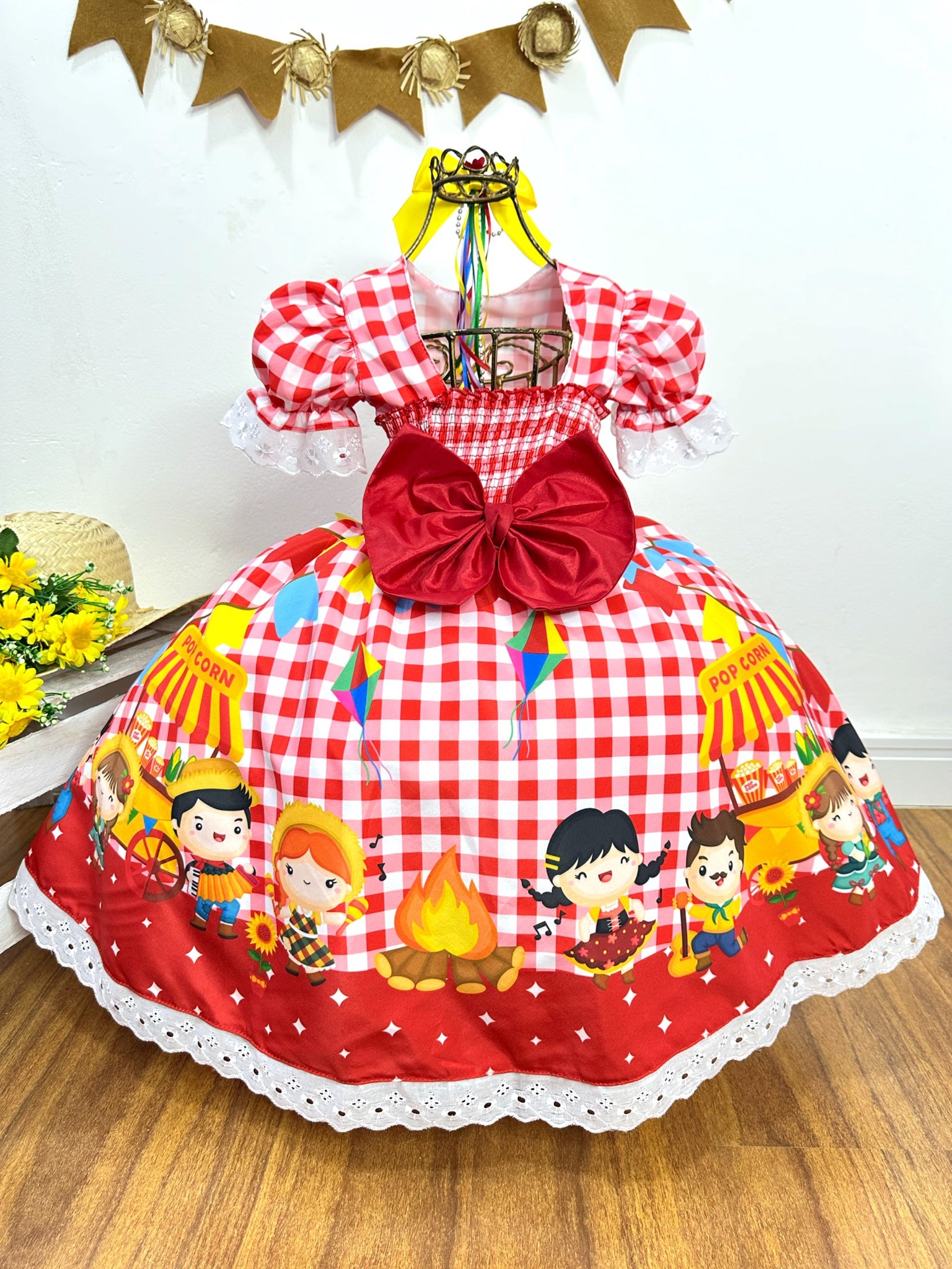 Vestido Infantil Junino Xadrez Vermelho Festa São João