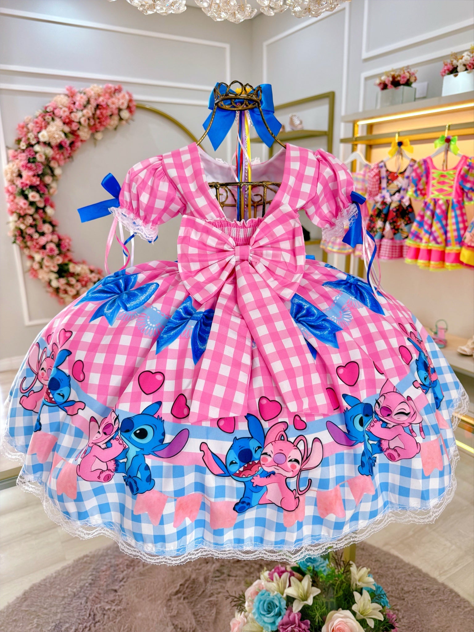 Vestido Infantil Lilo Stitch e Angel Xadrez Rosa Festas