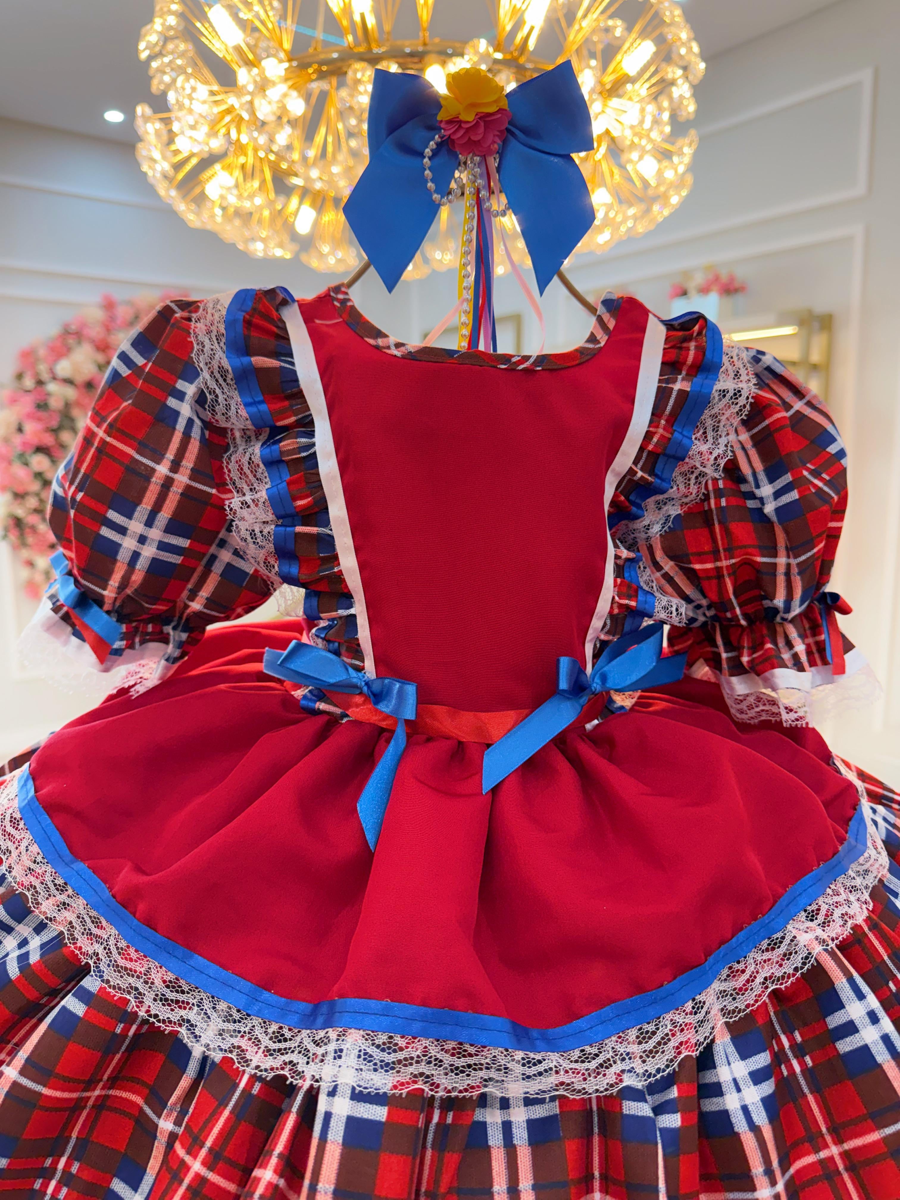 Vestido Junino Arraiá Festa Vermelho Xadrez Colorido