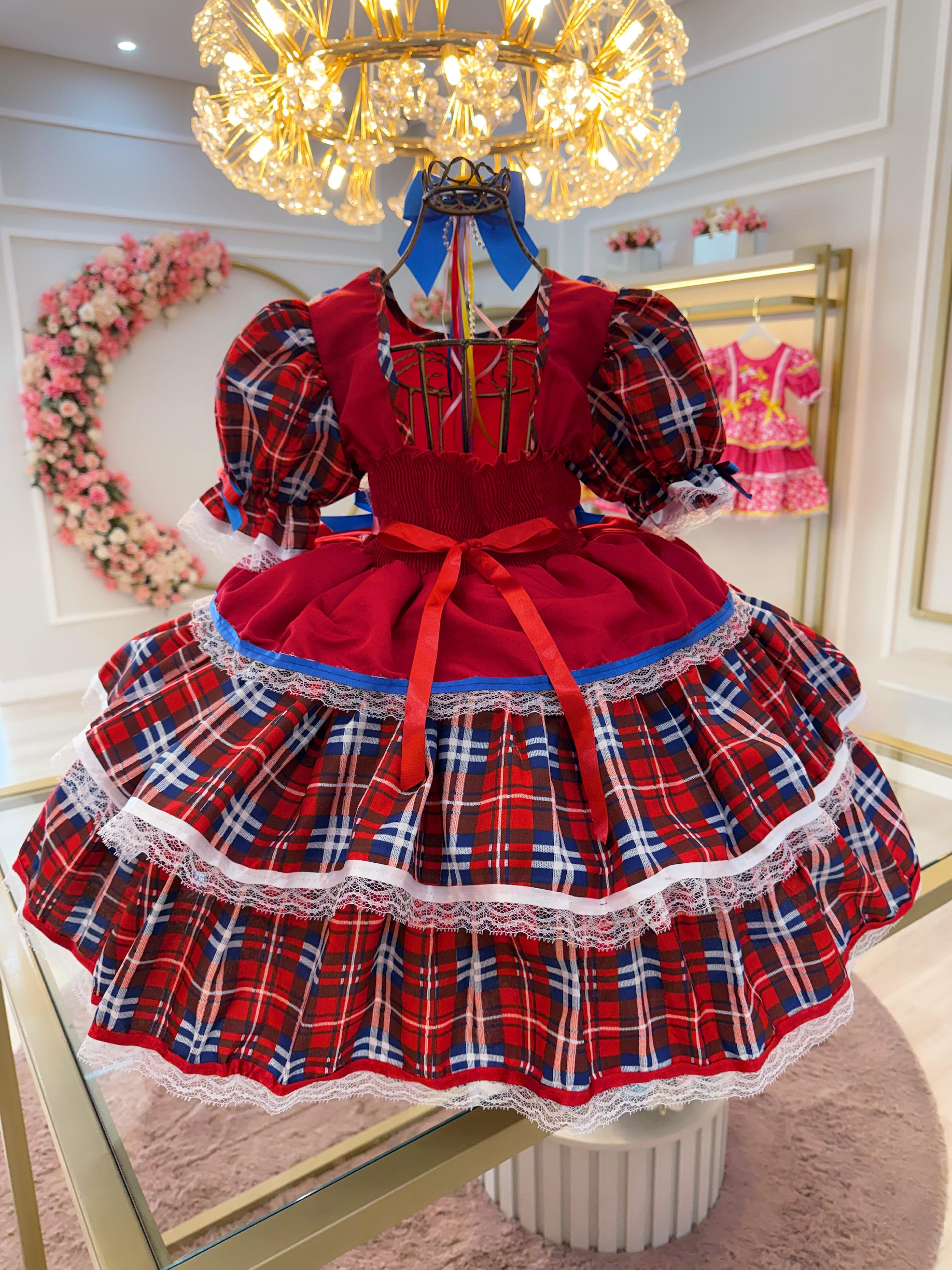 Vestido Junino Arraiá Festa Vermelho Xadrez Colorido