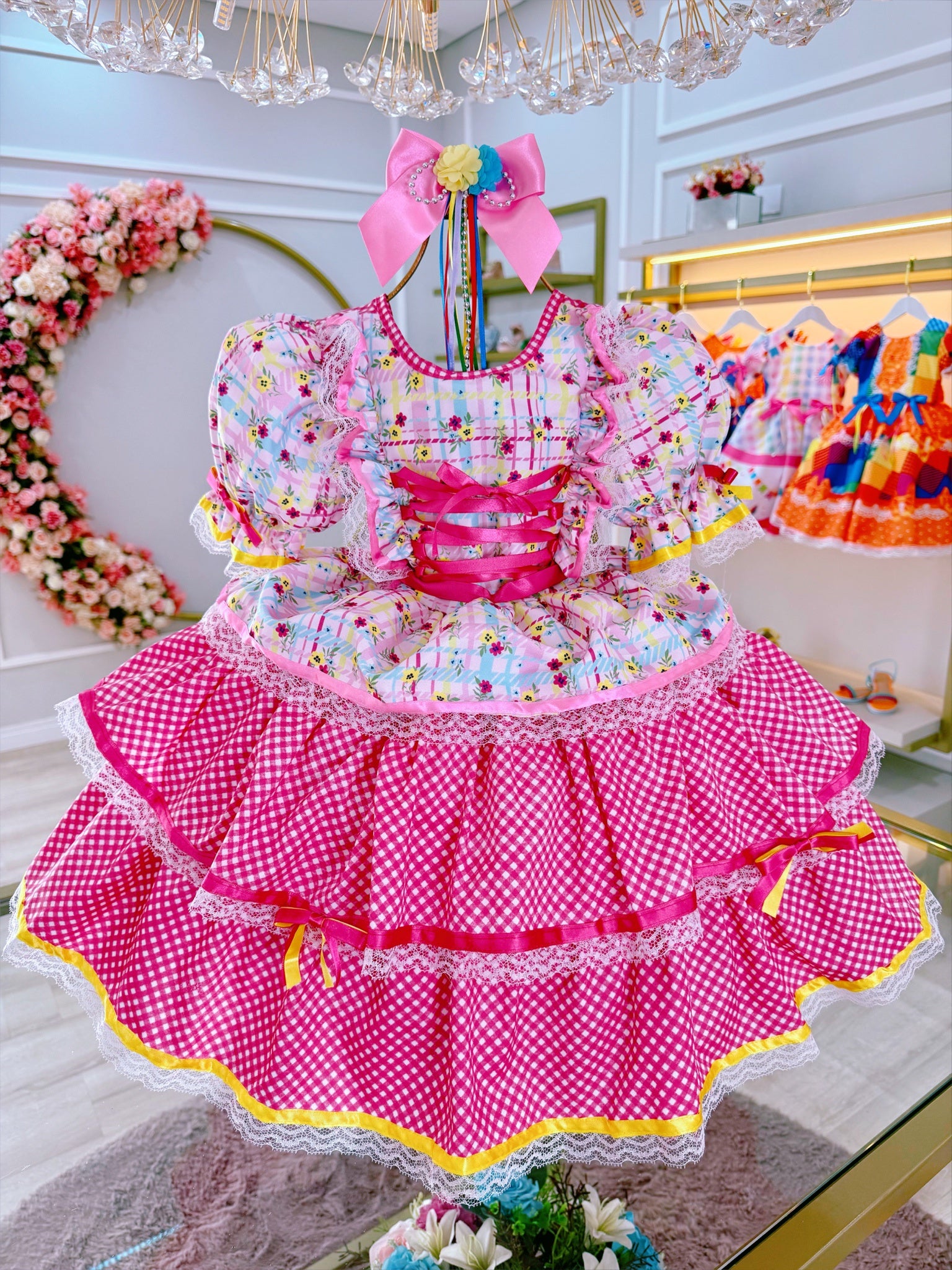 Vestido Junino Arraiá Rosa Colorido Saia C/ Babados Luxo