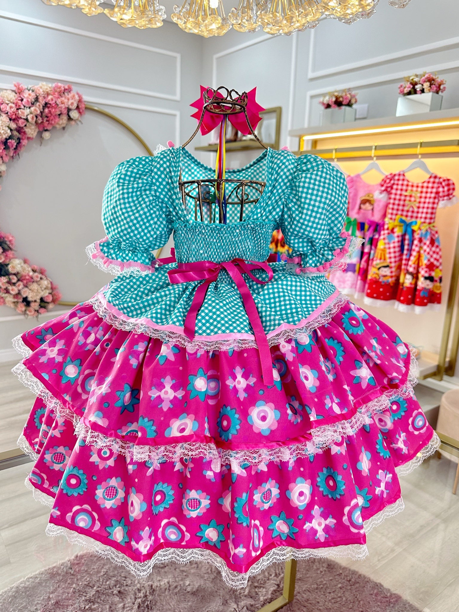 Vestido Junino Caipira Verde Colorido Saia Com Babados