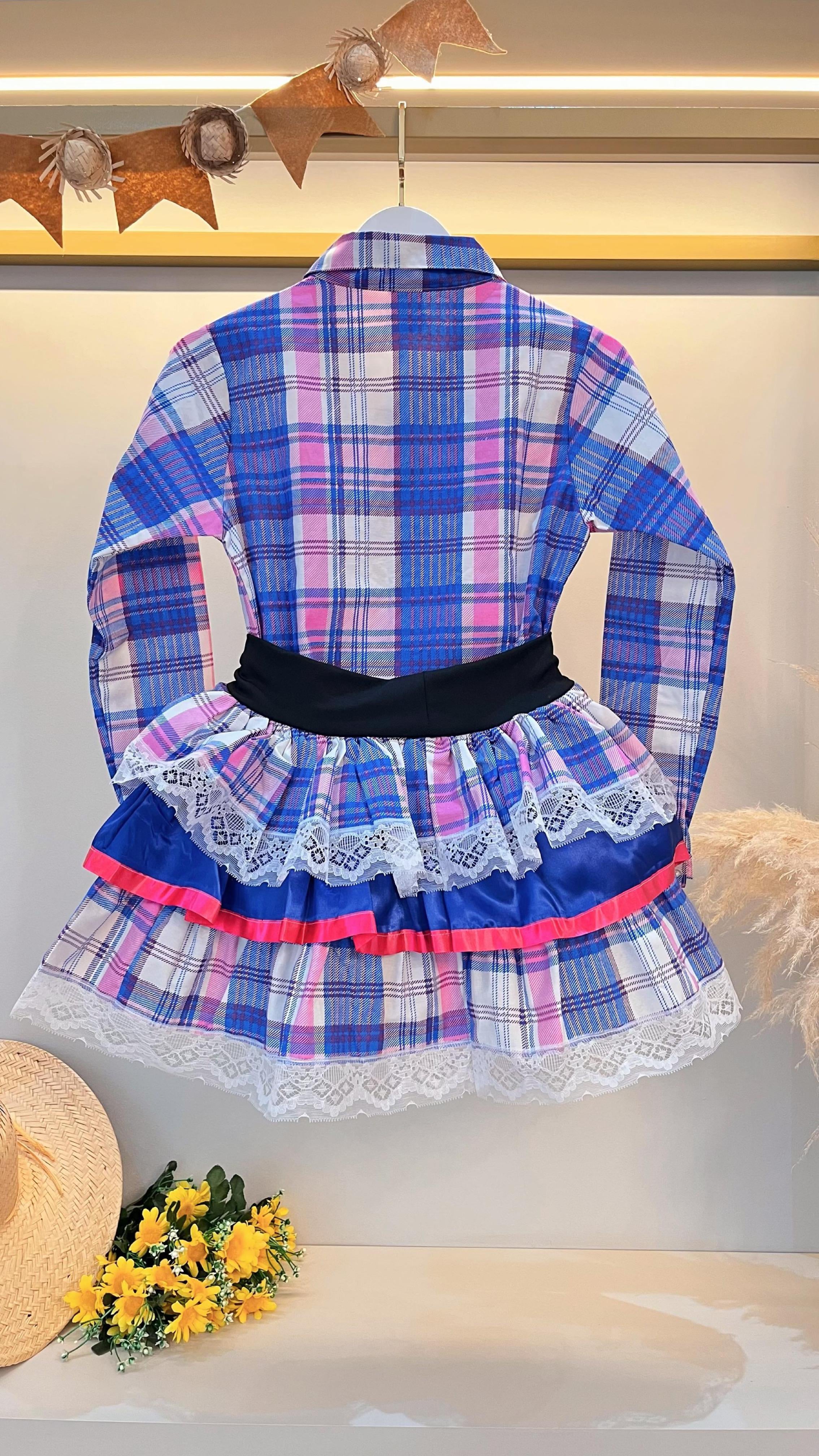 Conjunto Luxo Adulto Junino Camisa e Saia Xadrez Azul Colorido
