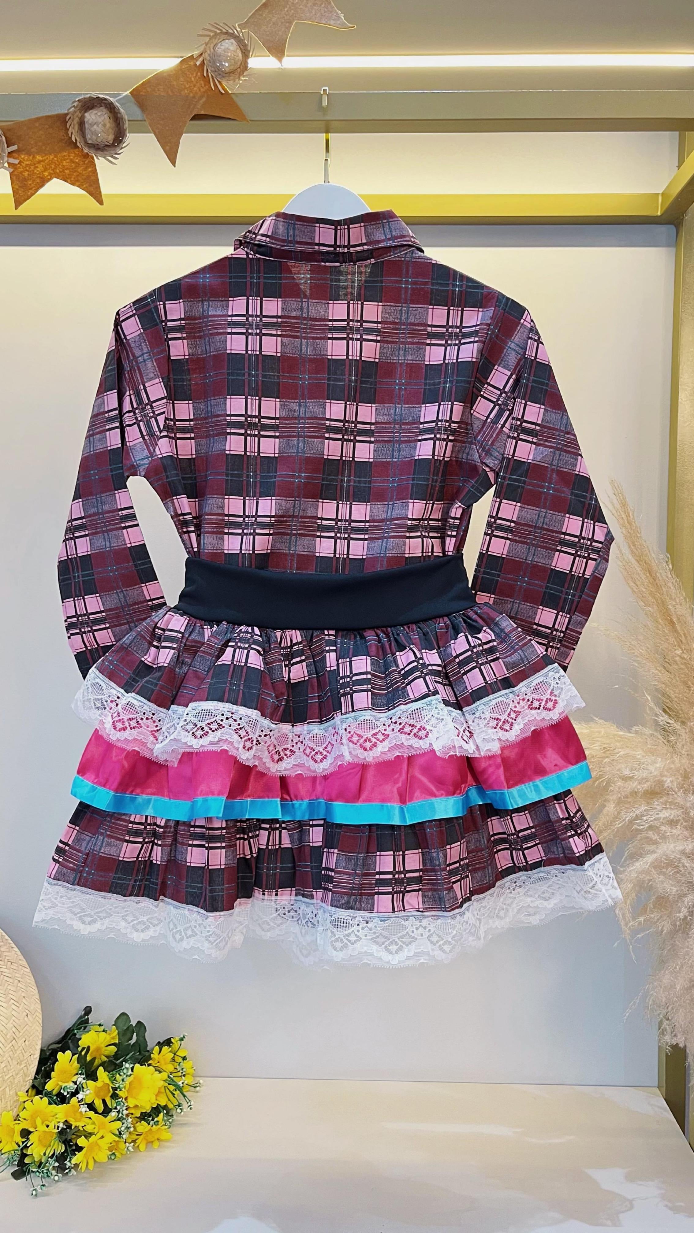 Conjunto Luxo Adulto Junino Camisa e Saia Xadrez Marsala Colorido