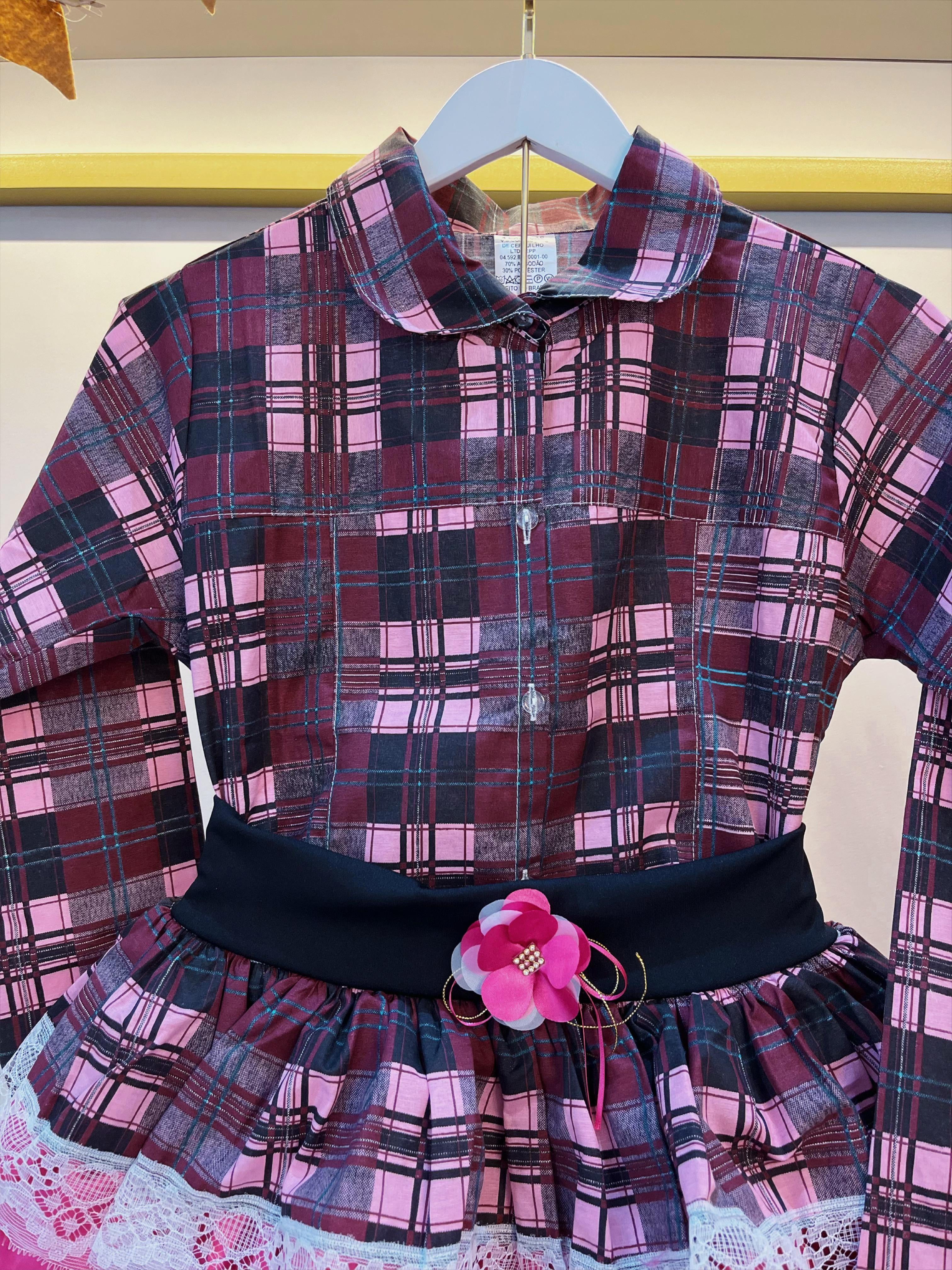 Conjunto Luxo Adulto Junino Camisa e Saia Xadrez Marsala Colorido