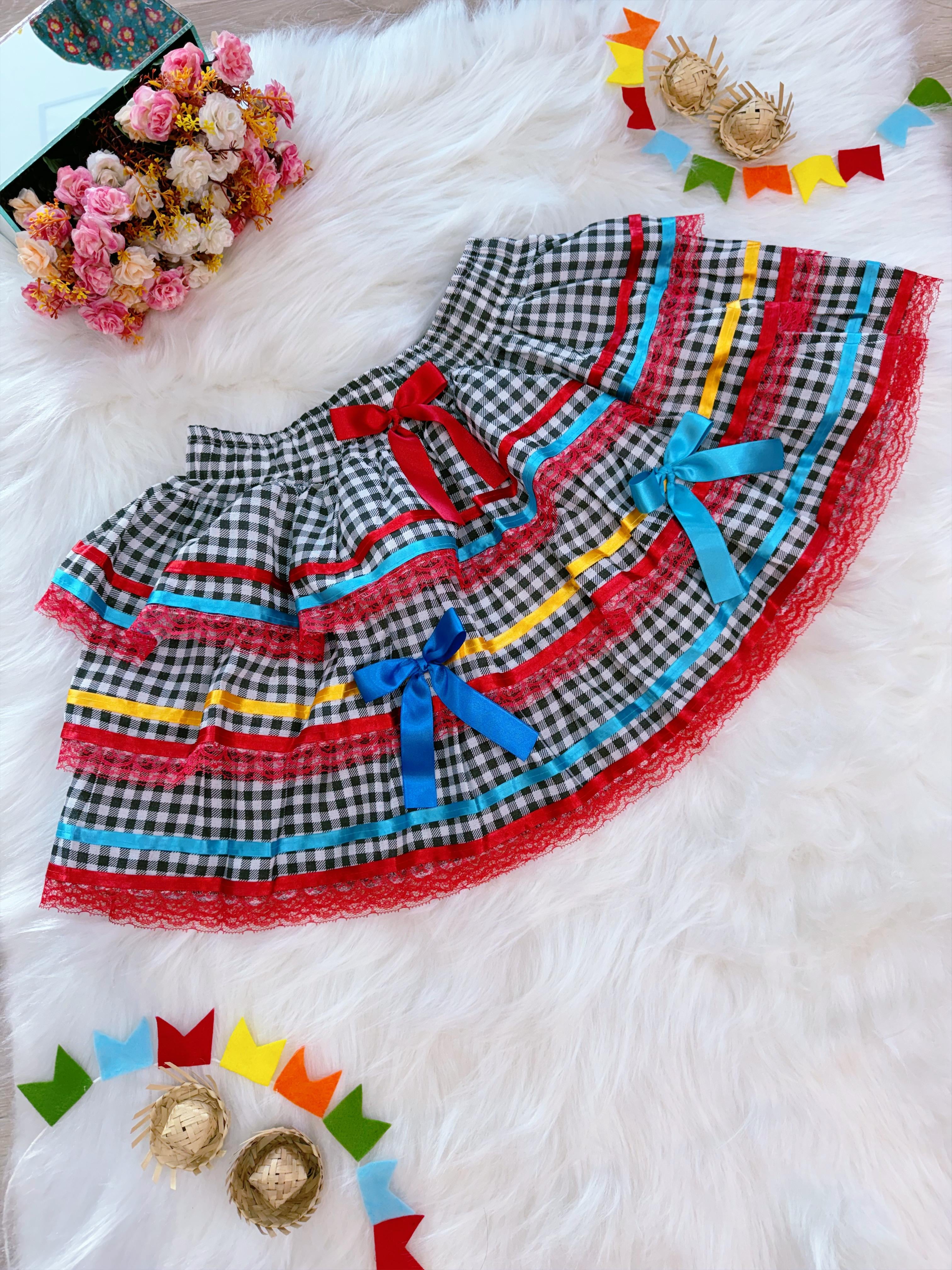 Fantasia Saia Adulto Junino Arraiá Preto Xadrez Festas