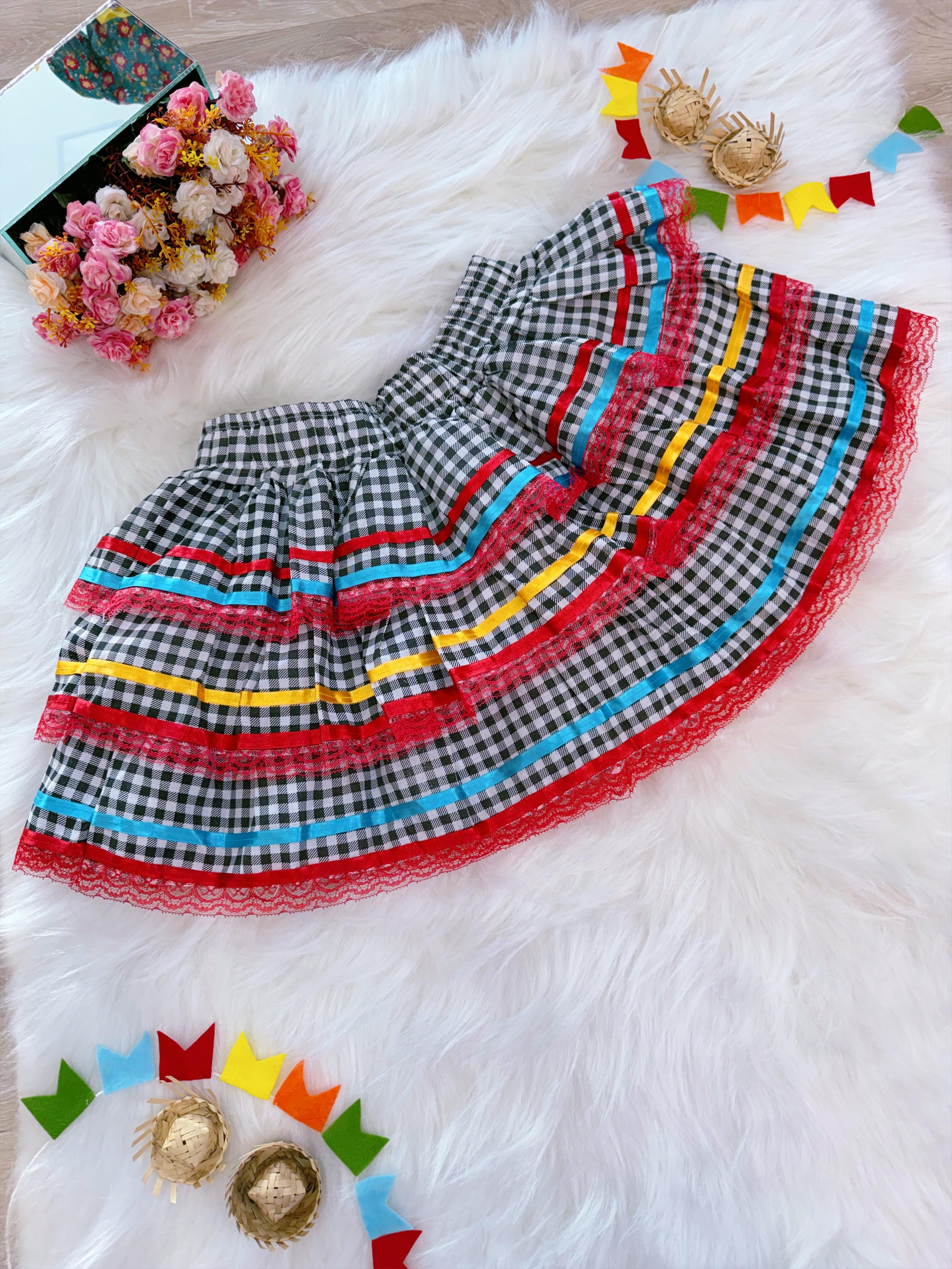 Fantasia Saia Adulto Junino Arraiá Preto Xadrez Festas
