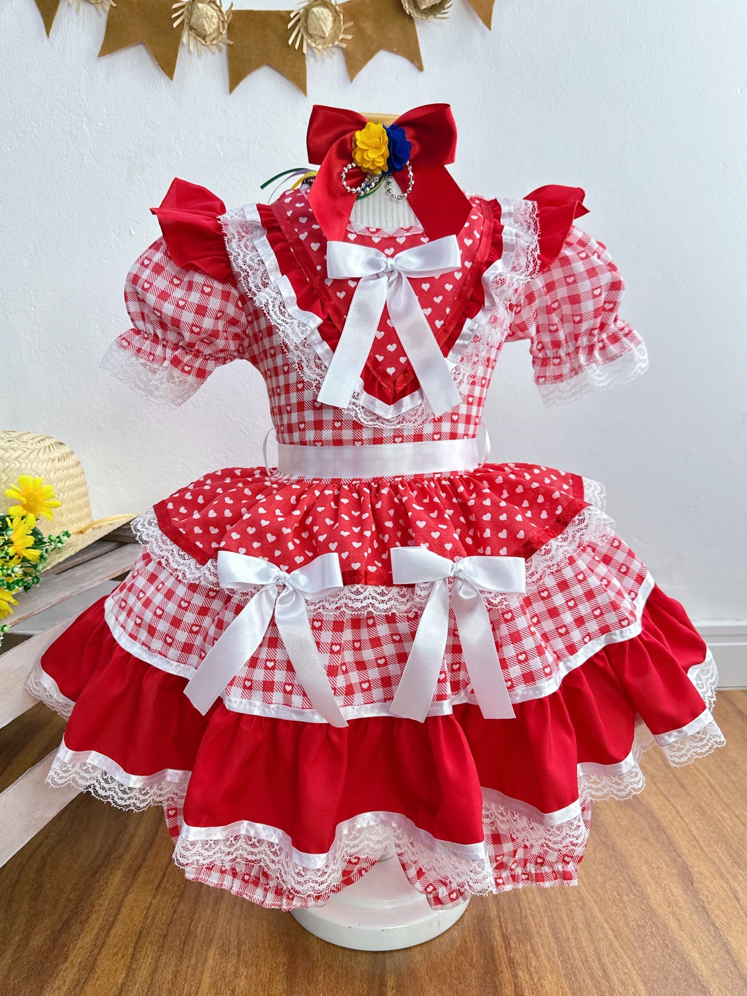 Vestido Infantil Junino Arraiá Vermelho Xadrez C/ Babados