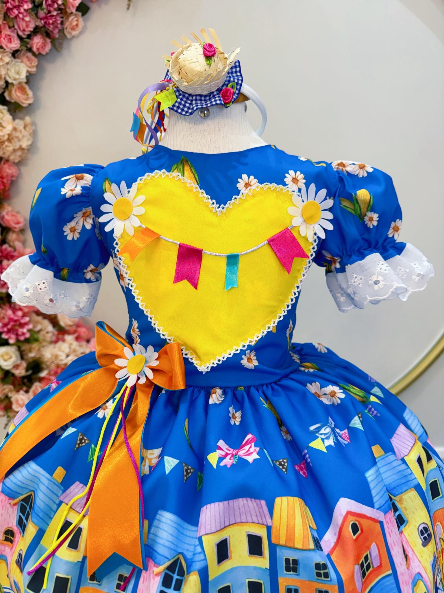 Vestido Infantil Junino Azul Colorido Festa Folia Premium