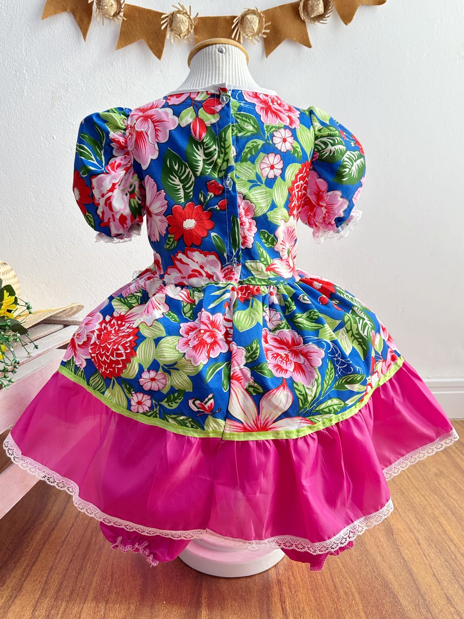 Vestido Infantil Junino Caipira Azul Florzinhas Coloridas