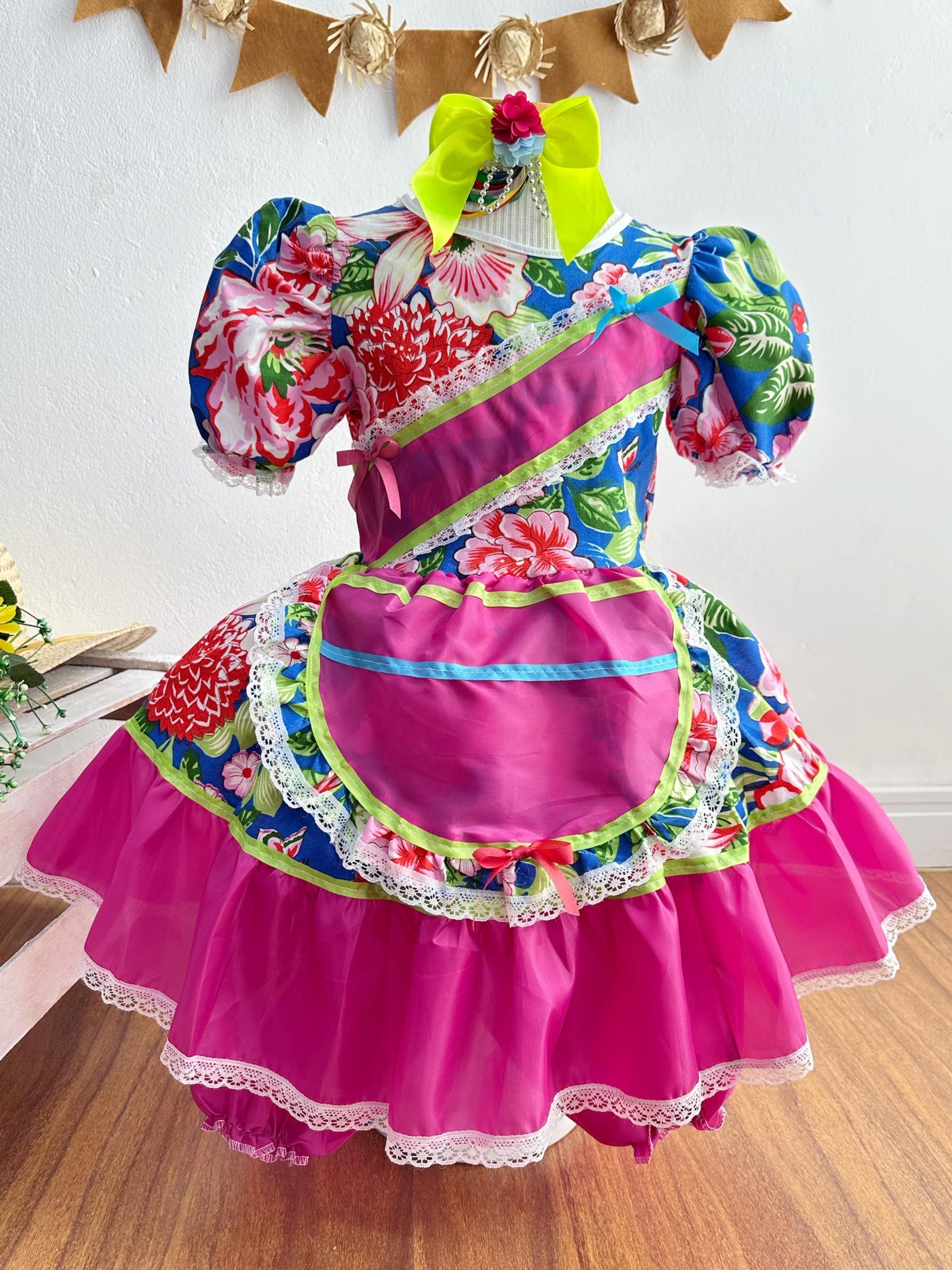 Vestido Infantil Junino Caipira Azul Florzinhas Coloridas