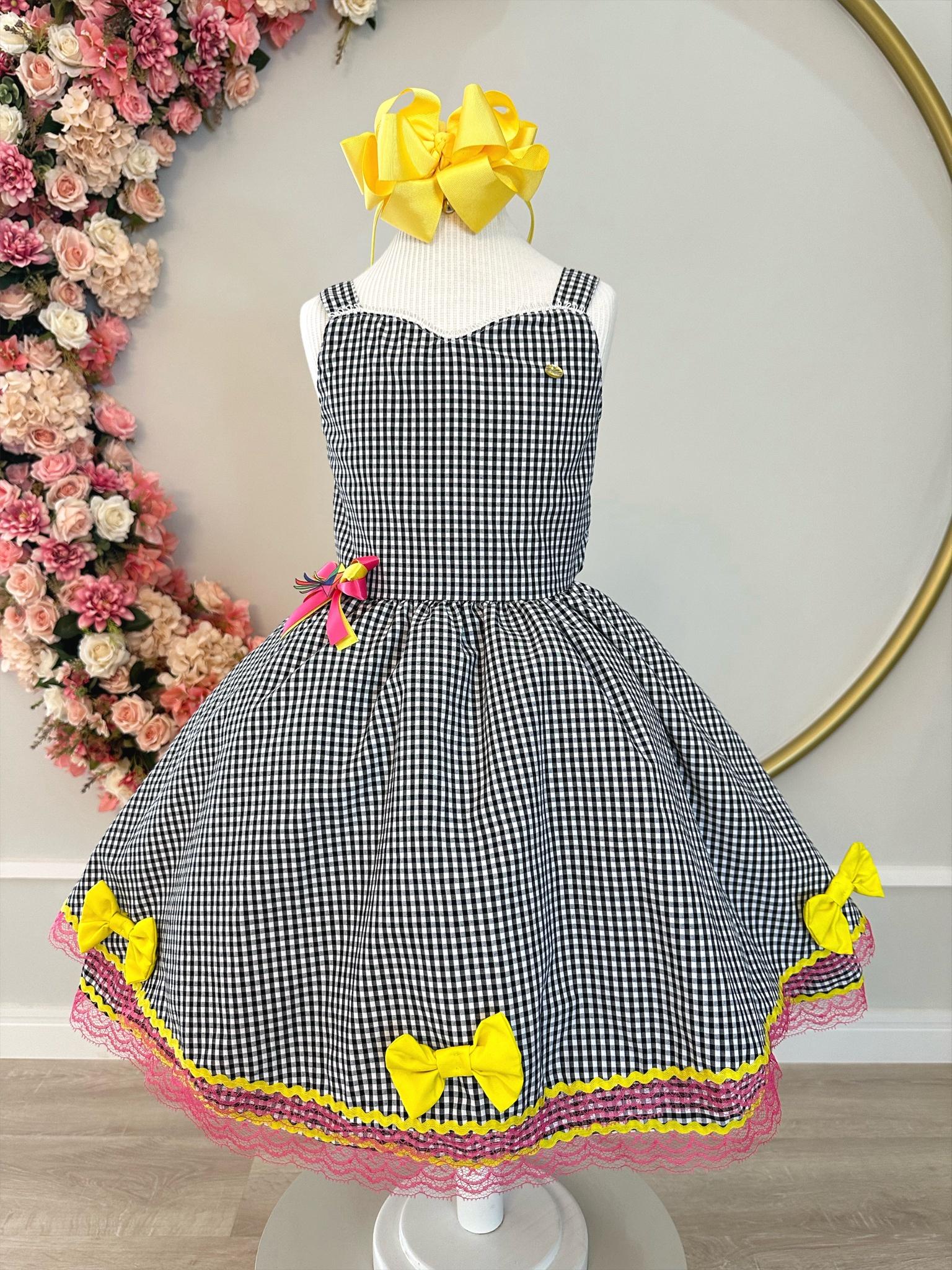 Vestido Infantil Junino Xadrez Preto e Branco C/ Broche