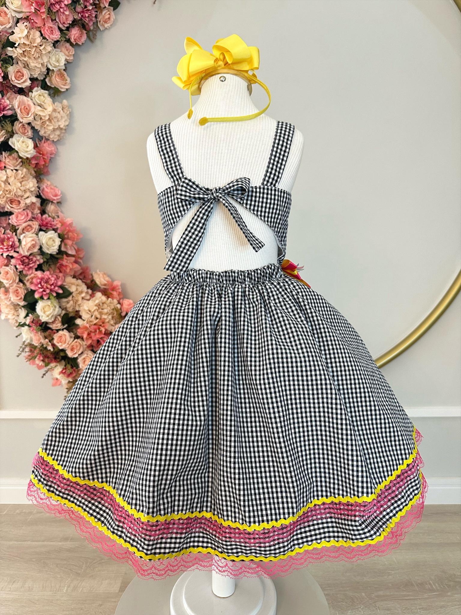 Vestido Infantil Junino Xadrez Preto e Branco C/ Broche