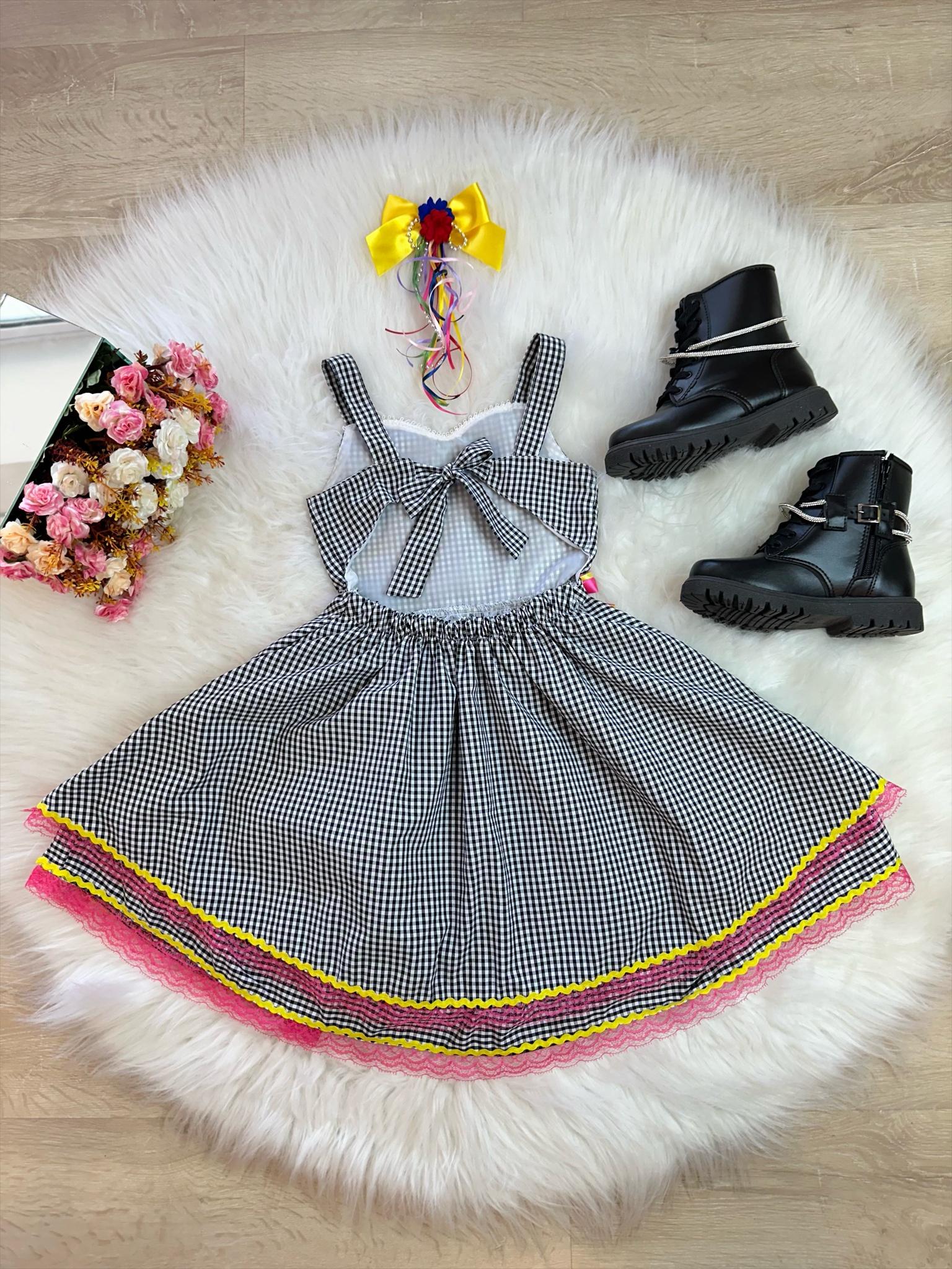 Vestido Infantil Junino Xadrez Preto e Branco C/ Broche