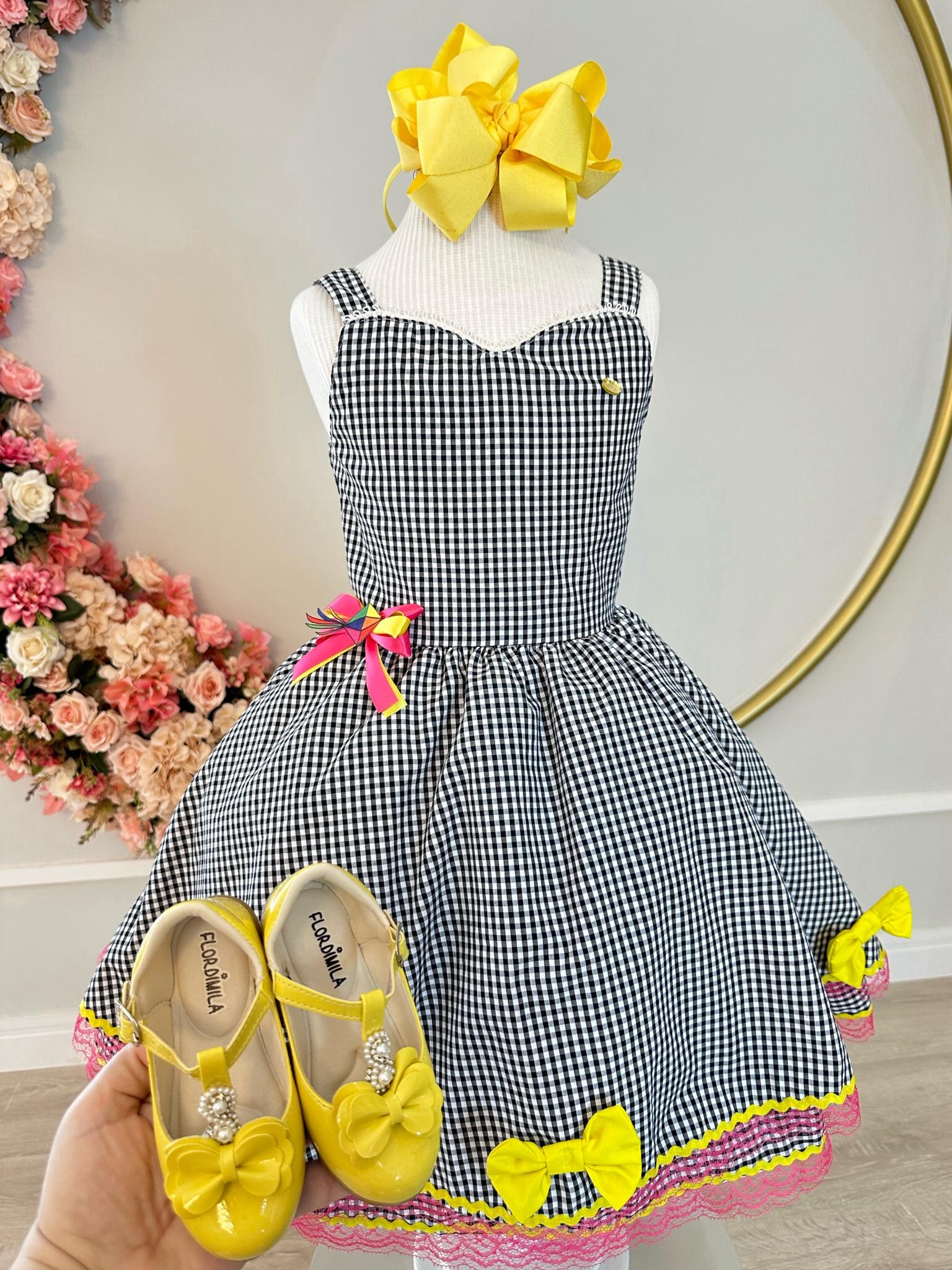 Vestido Infantil Junino Xadrez Preto e Branco C/ Broche