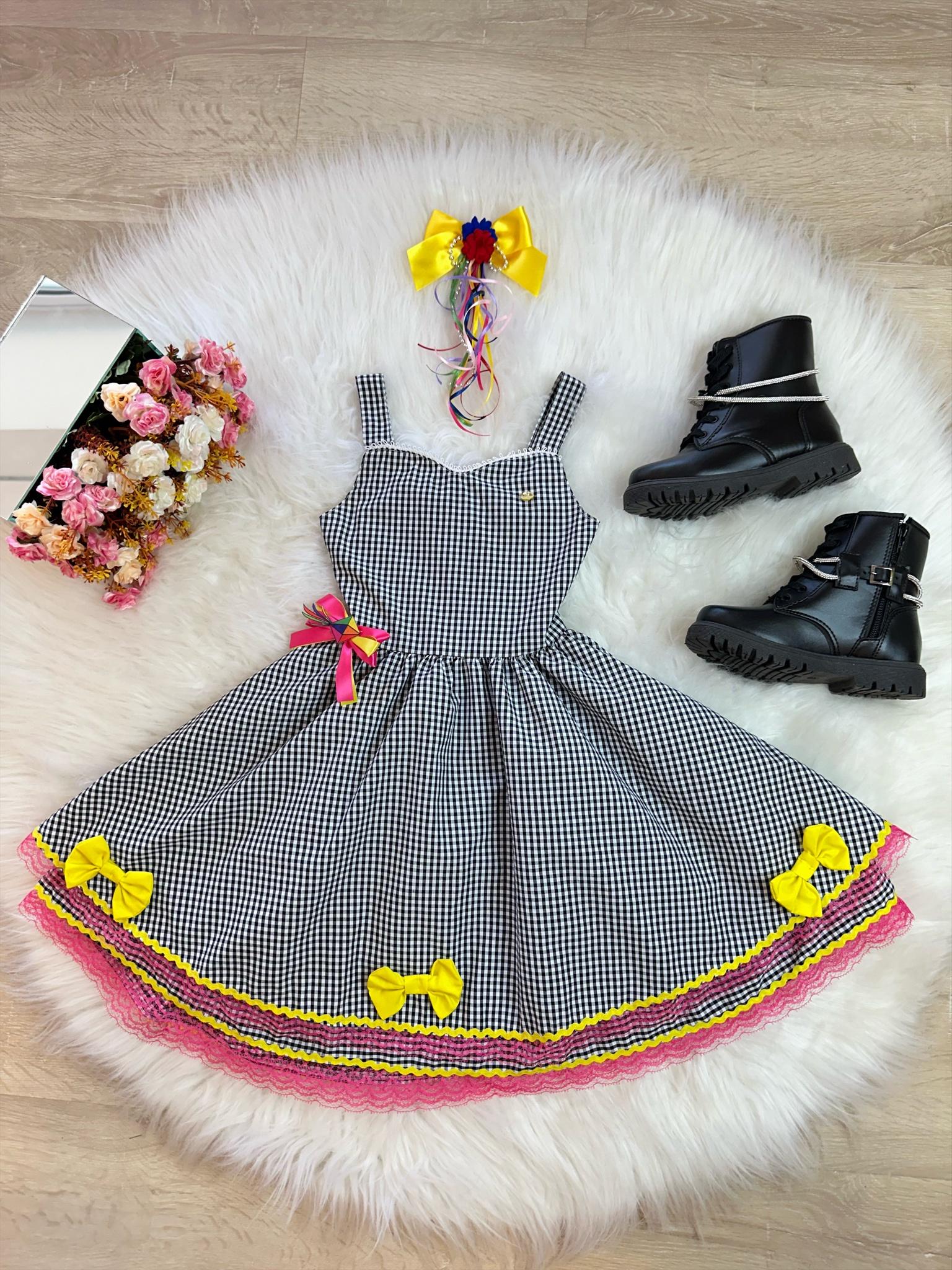 Vestido Infantil Junino Xadrez Preto e Branco C/ Broche