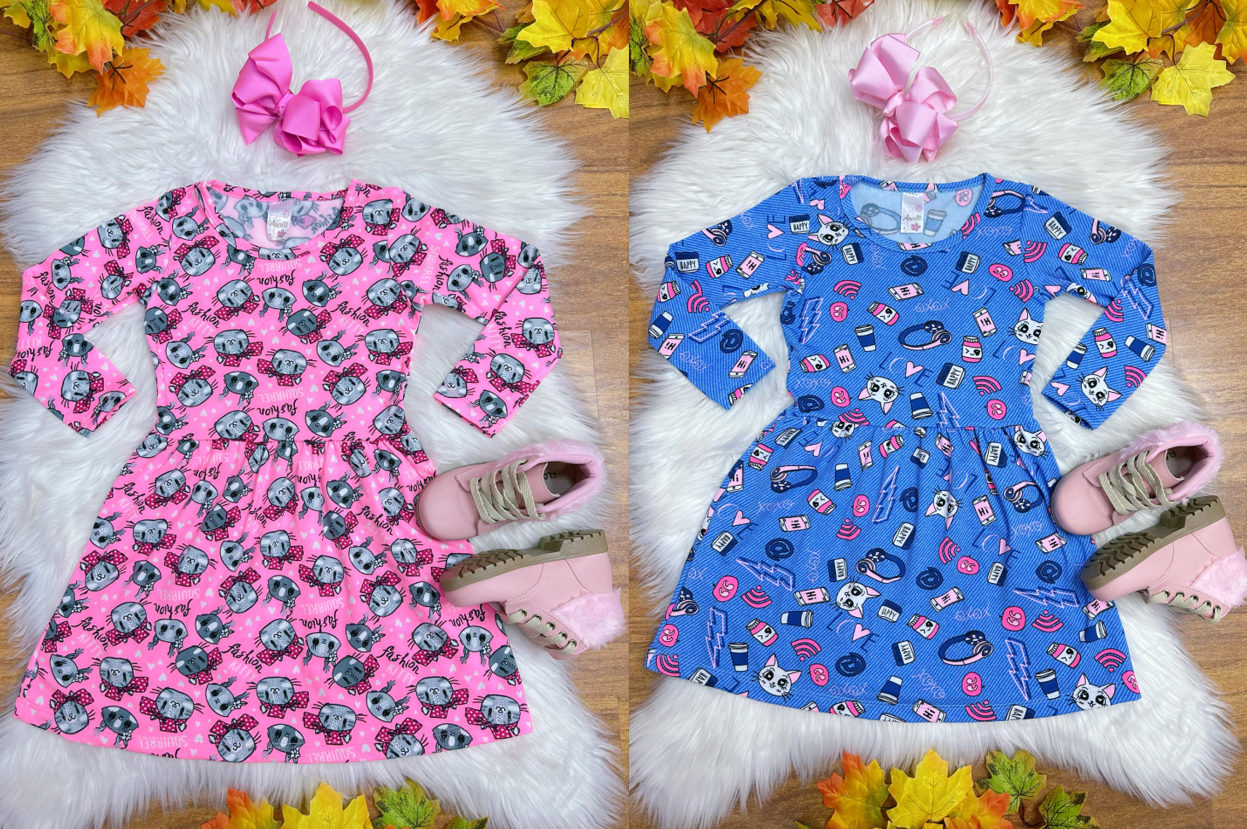 Kit 2 Vestidos Infantil Suplex Flanelado Manga Longa 4 ao 10