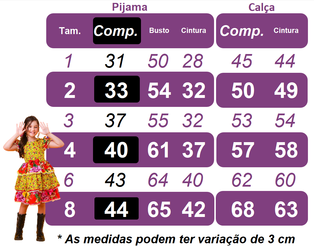 Kit Analê Pijama Infantil Meninas Com Estampas 1 ao 8