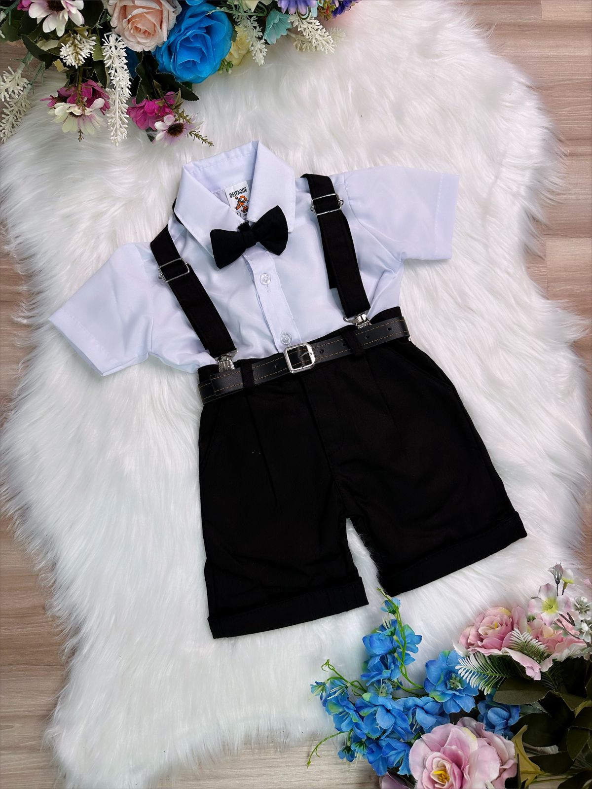 Conjunto Social Short Susp. Gravata Preto e Camisa Branca