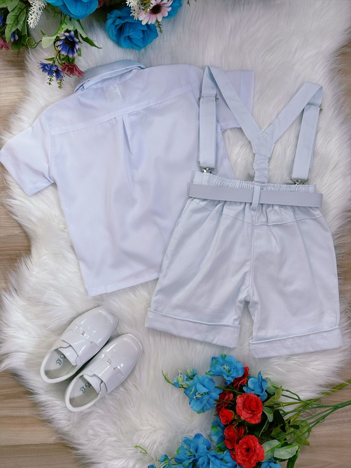 Conjunto Social Short Suspensório Gravata e Camisa Branca