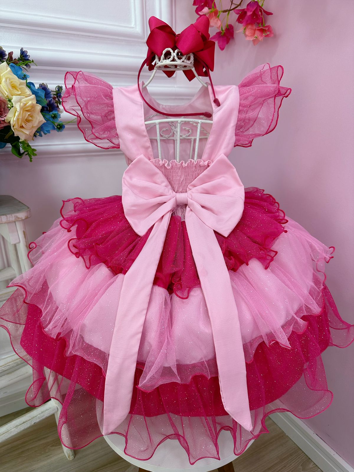 Vestido Infantil Rosa Barbie Peito Strass Glitter Luxo