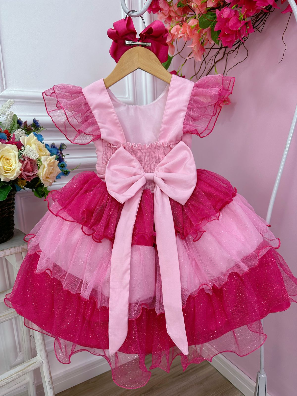 Vestido Infantil Rosa Barbie Peito Strass Glitter Luxo