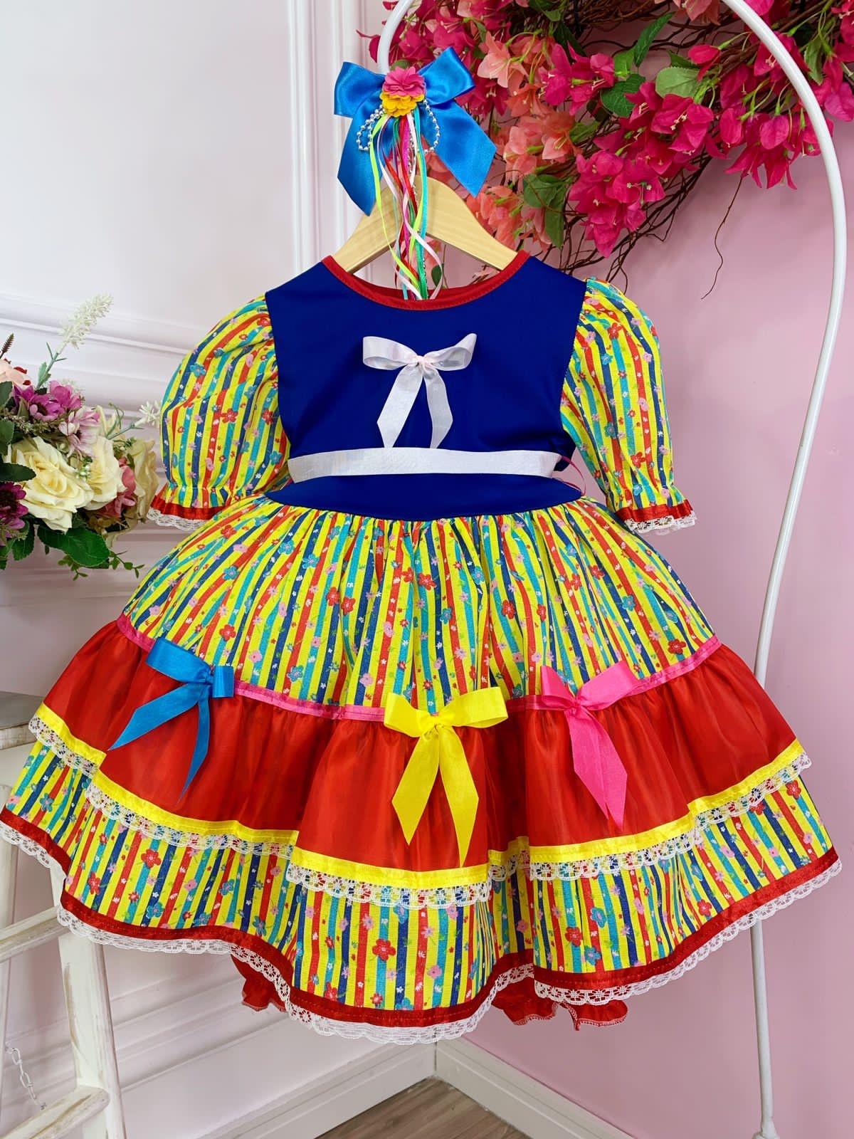 Fantasia Infantil Junino Xadrez Azul Colorido Florzinhas