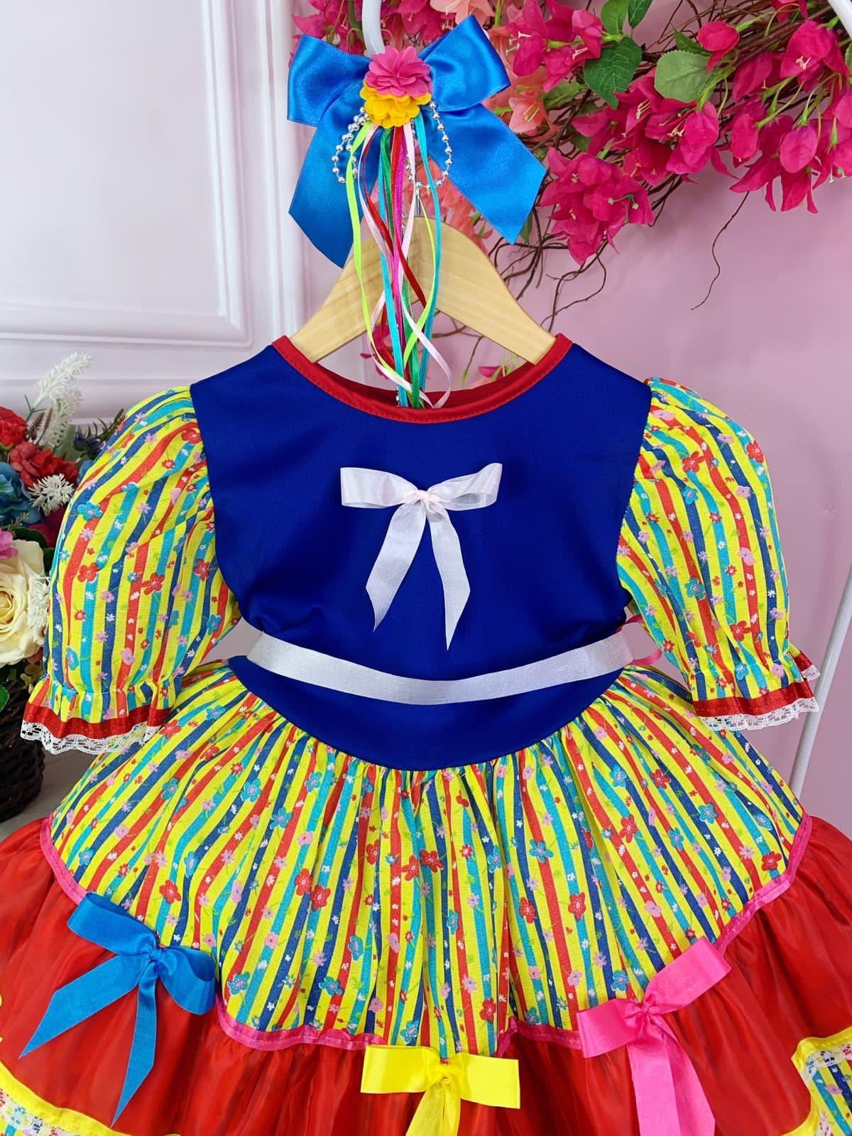 Fantasia Infantil Junino Xadrez Azul Colorido Florzinhas