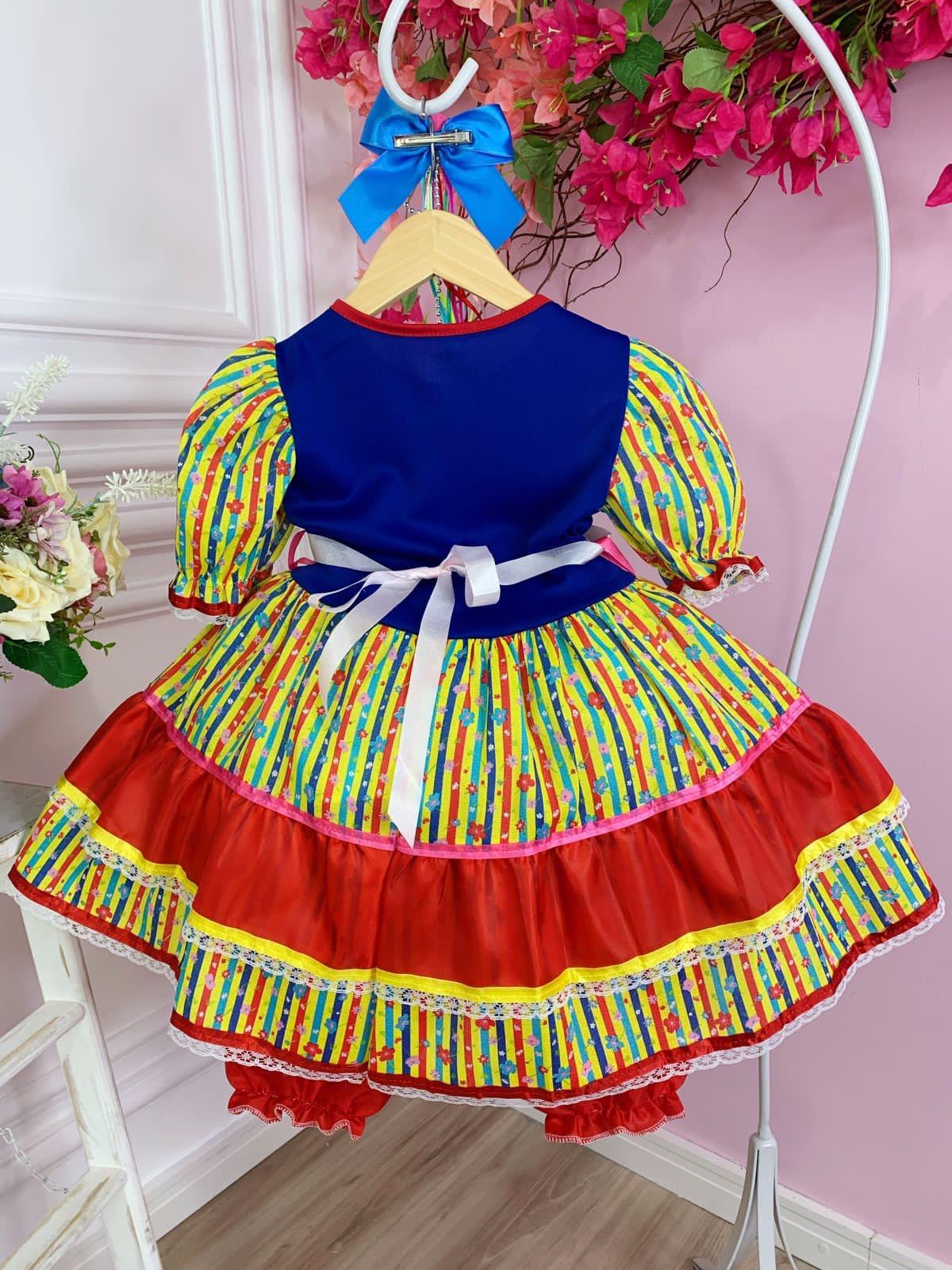Fantasia Infantil Junino Xadrez Azul Colorido Florzinhas