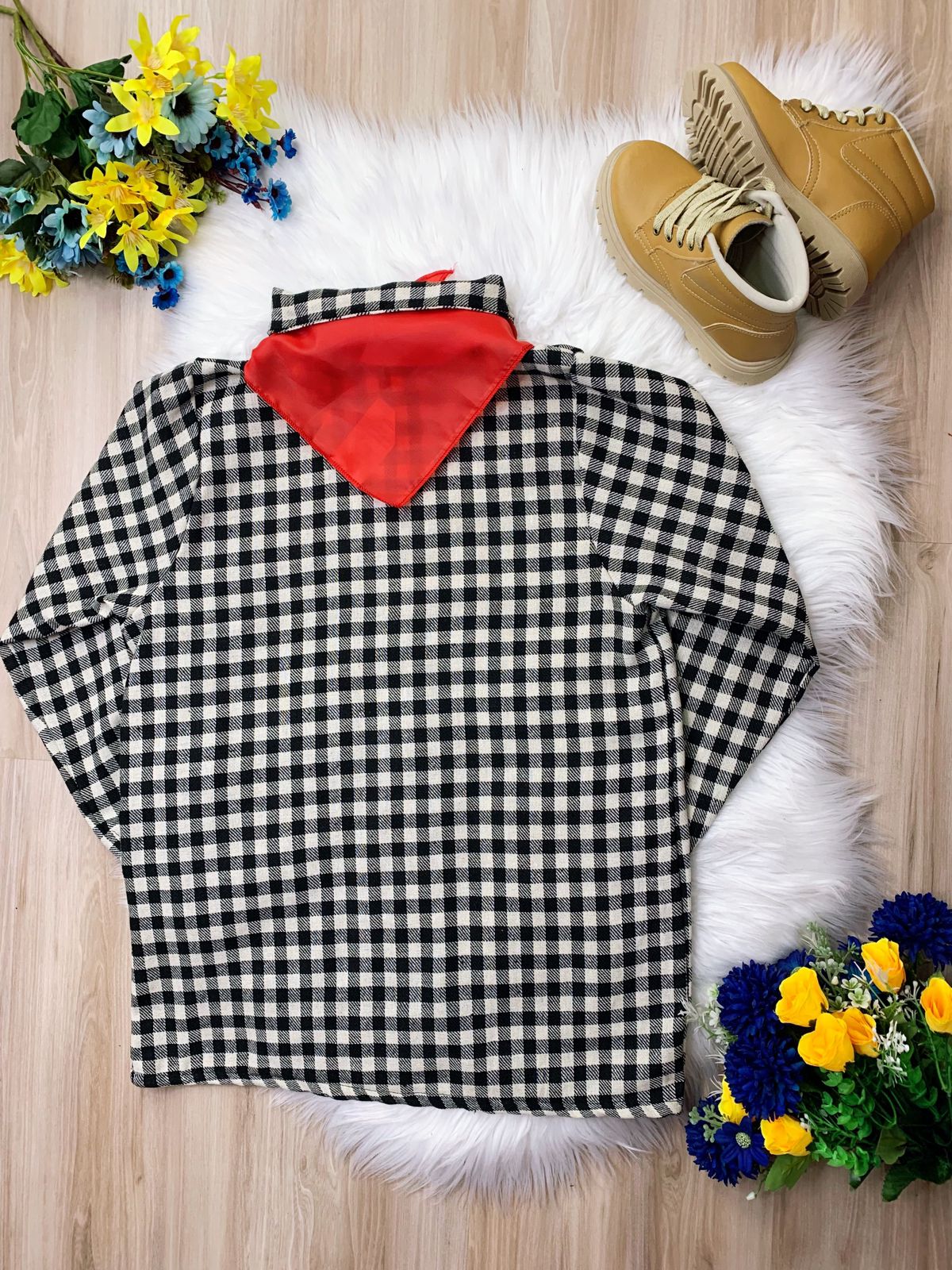 Camisa Xadrez Junino Listras Preto e Branco
