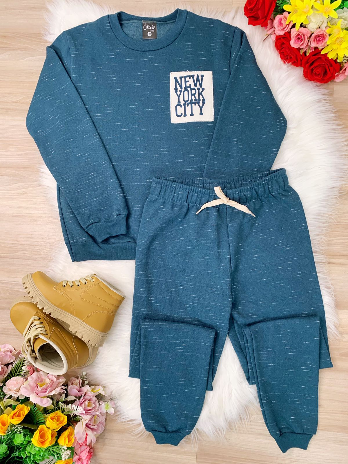 Conjunto de Moletom Blusa e Calça Azul Petróleo New York