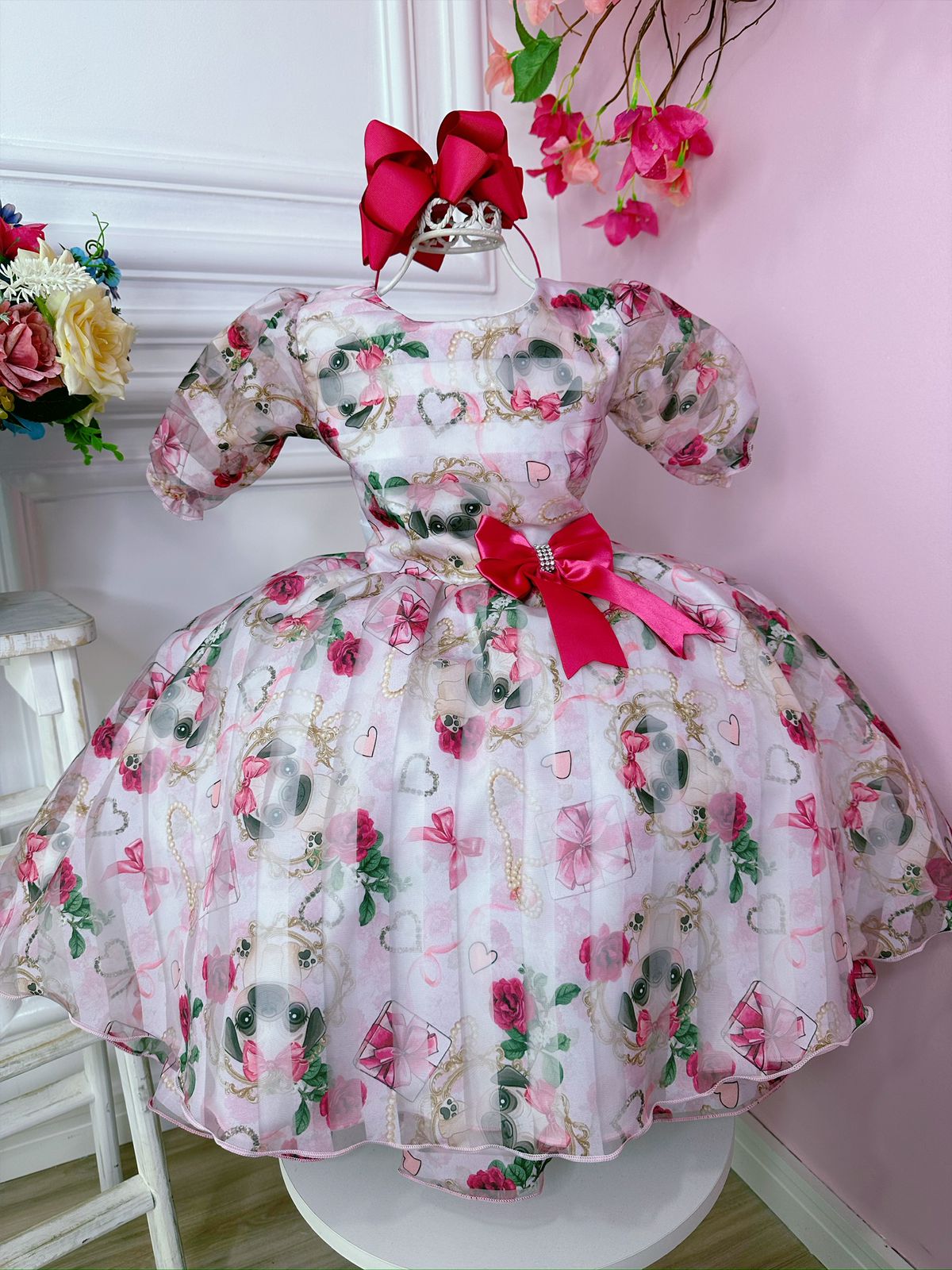 Vestido Infantil Branco Floral Puppy Dog  Aplique Laço