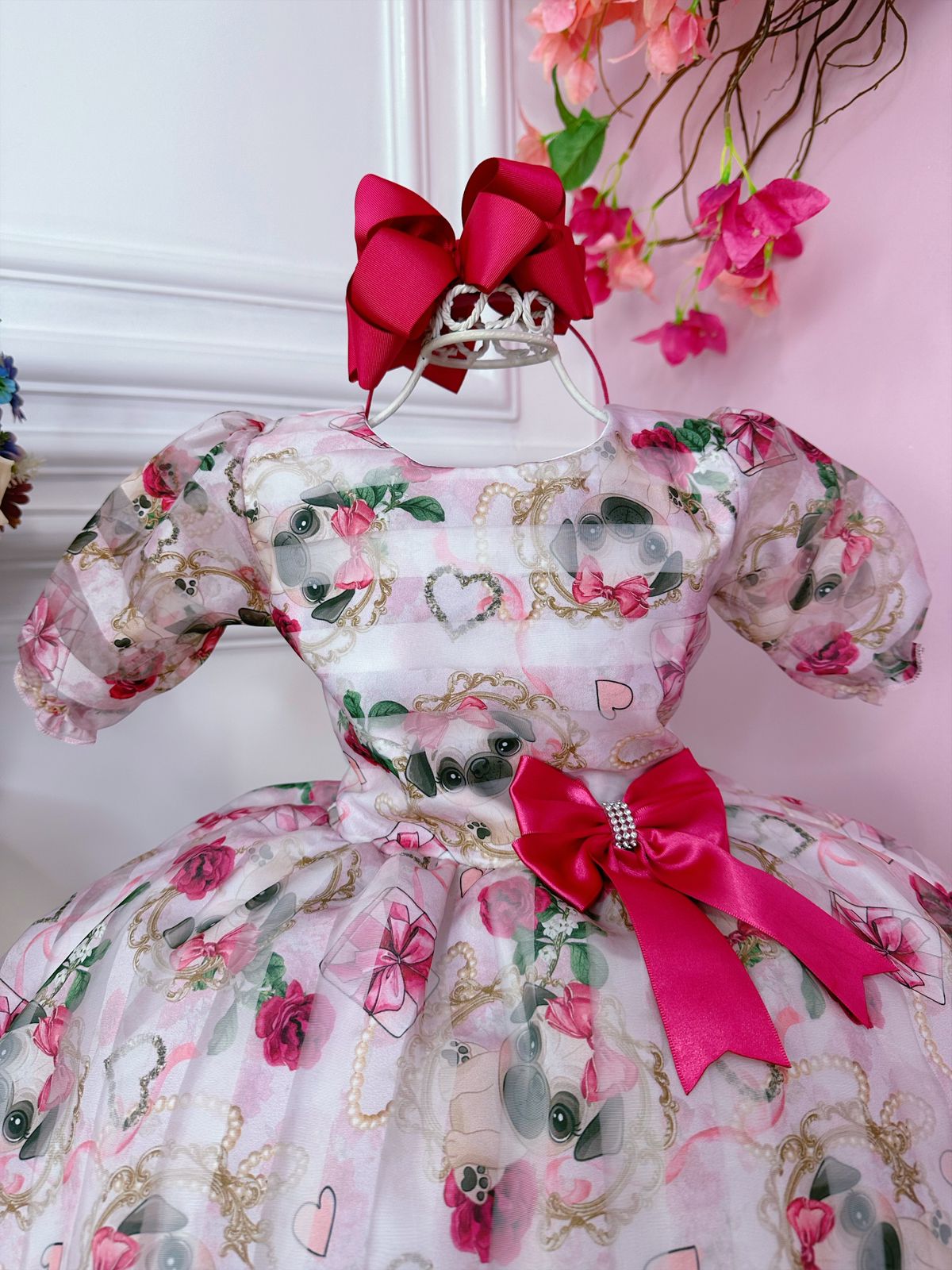 Vestido Infantil Branco Floral Puppy Dog  Aplique Laço