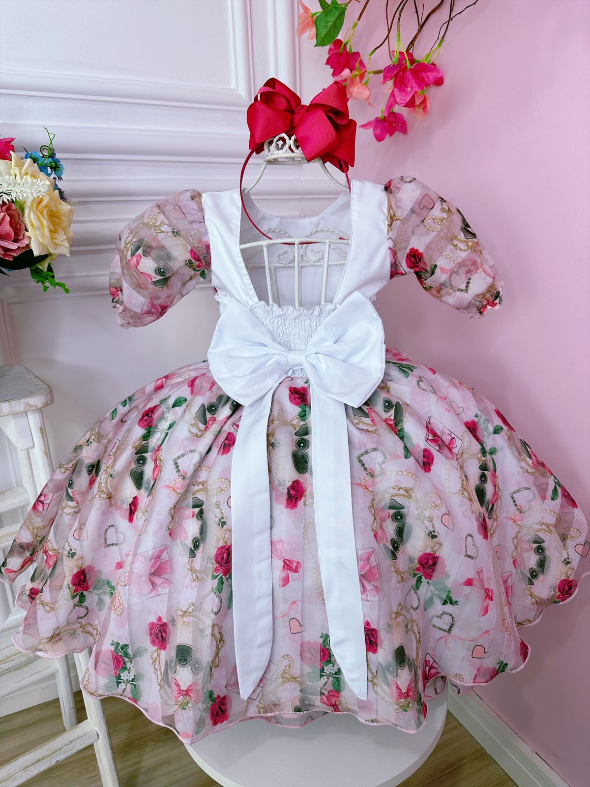 Vestido Infantil Branco Floral Puppy Dog  Aplique Laço