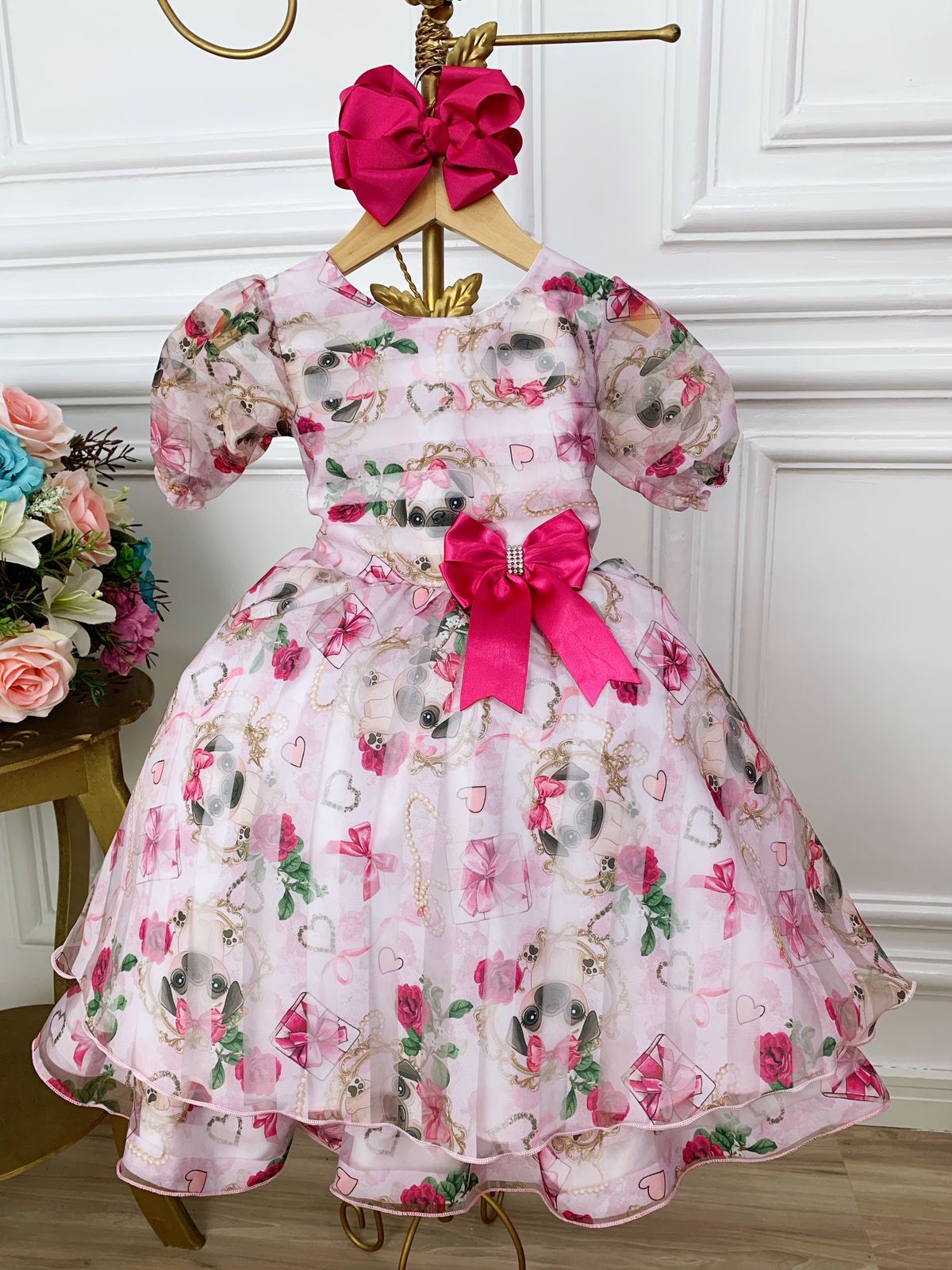 Vestido Infantil Branco Floral Puppy Dog  Aplique Laço