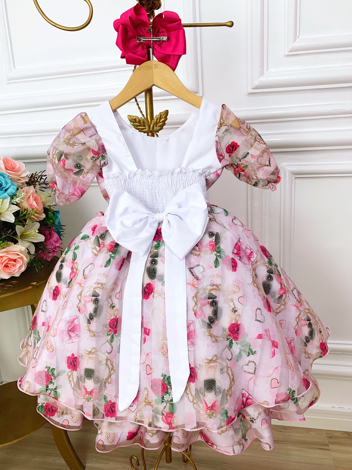 Vestido Infantil Branco Floral Puppy Dog  Aplique Laço