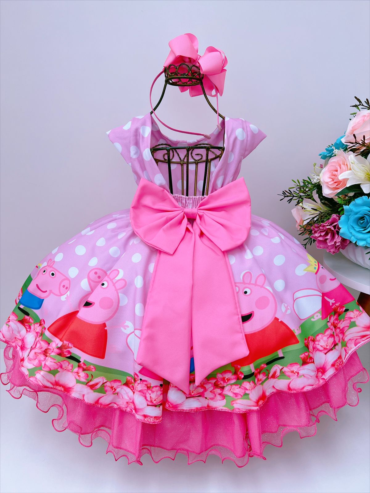 Vestido Infantil Rosa Bolinhas Brancas Peppa