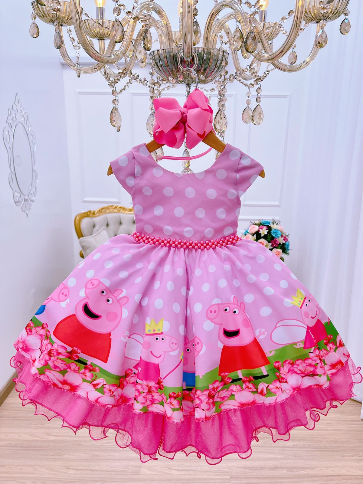 Vestido Infantil Rosa Bolinhas Brancas Peppa