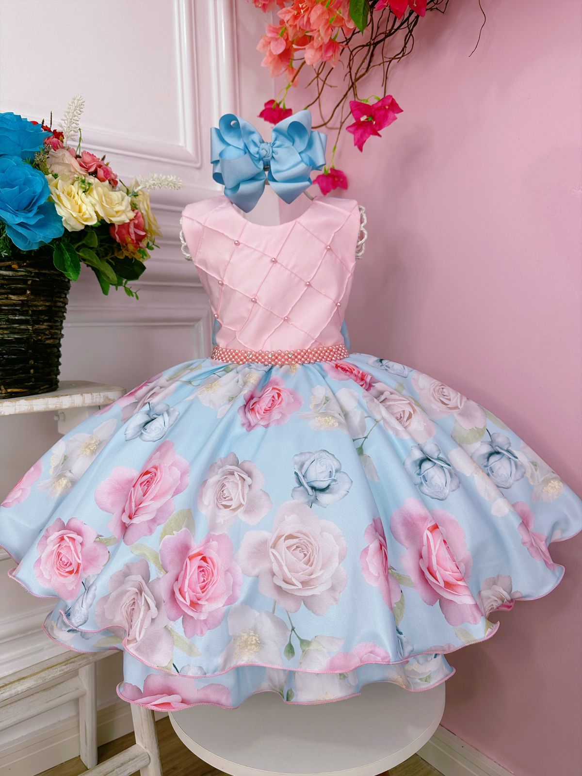 Vestido Infantil Rosa Busto Nervura Florido e Pérolas Damas