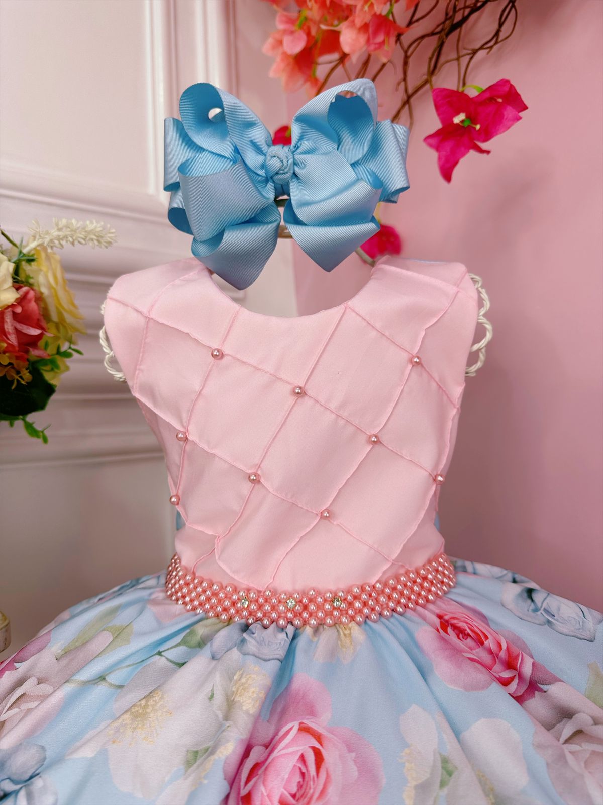 Vestido Infantil Rosa Busto Nervura Florido e Pérolas Damas